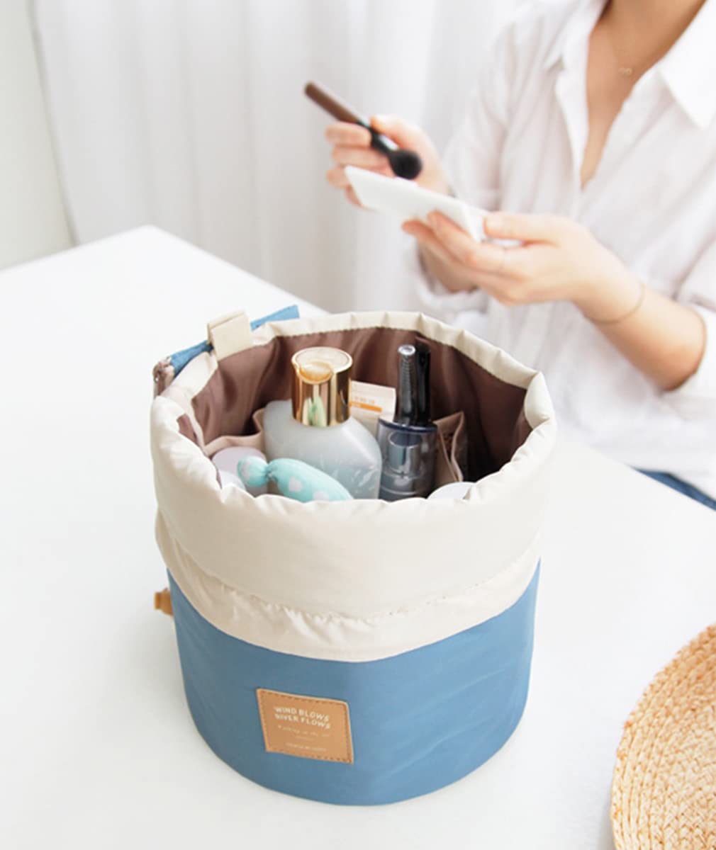 LKMY Drawstring Toiletry Bag - Portable Waterproof Cosmetic Organizer for Travel, Large Capacity Makeup Pouch with Wash Brush Storage (Blue) | Perfect for Gym, Vacation & Daily Essentials Organization