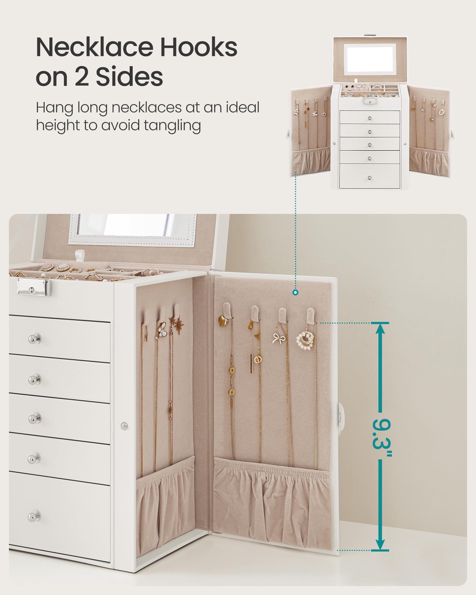 SONGMICS 6-Tier Jewelry Organizer Box with Mirror & Lock - 5 Drawer Large Capacity Watch & Jewelry Storage Case, Perfect Gift for Women - Ideal for Bedroom Vanity, Travel & Wedding Jewelry Organization (White UJBC152W01)