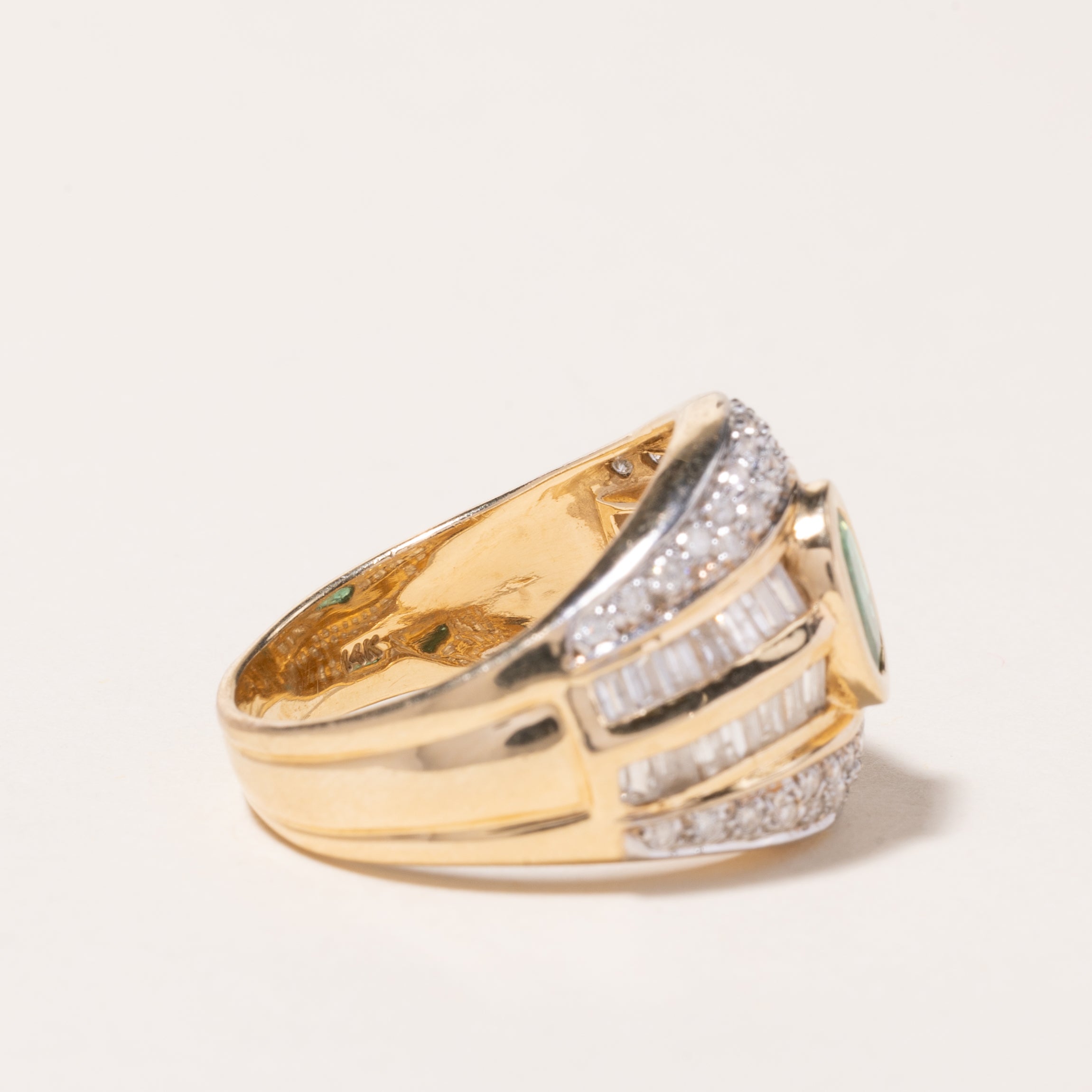 14K Yellow Gold Emerald and Diamond Cocktail Ring - 0.64ct Emerald & 1.07ctw Diamonds - Size 7.75 - Elegant Statement Jewelry for Parties, Weddings & Special Occasions