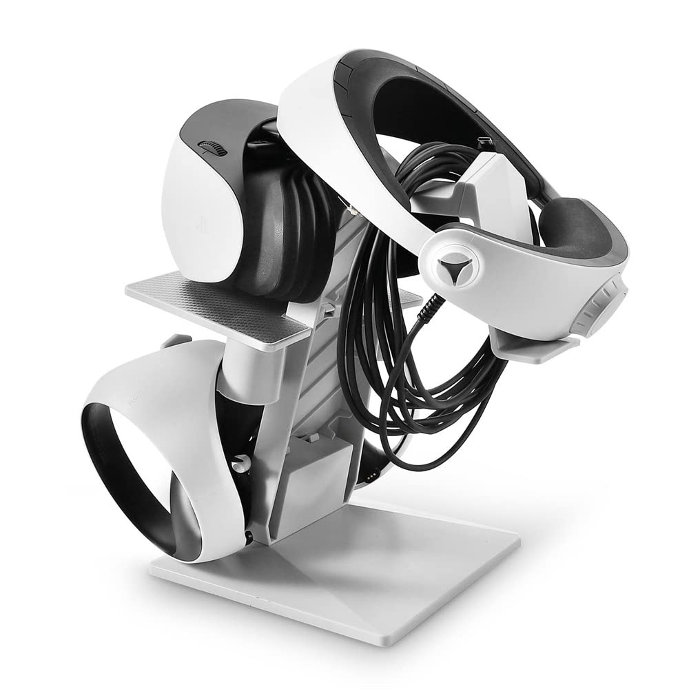 VR Headset Stand & Controller Holder for PSVR2, Pico 4, HTC VIVE Focus 3 - Gaming Accessories Organizer with Display Stand for PS VR2 - Perfect for VR Gaming Setup & Desk Organization (Black)