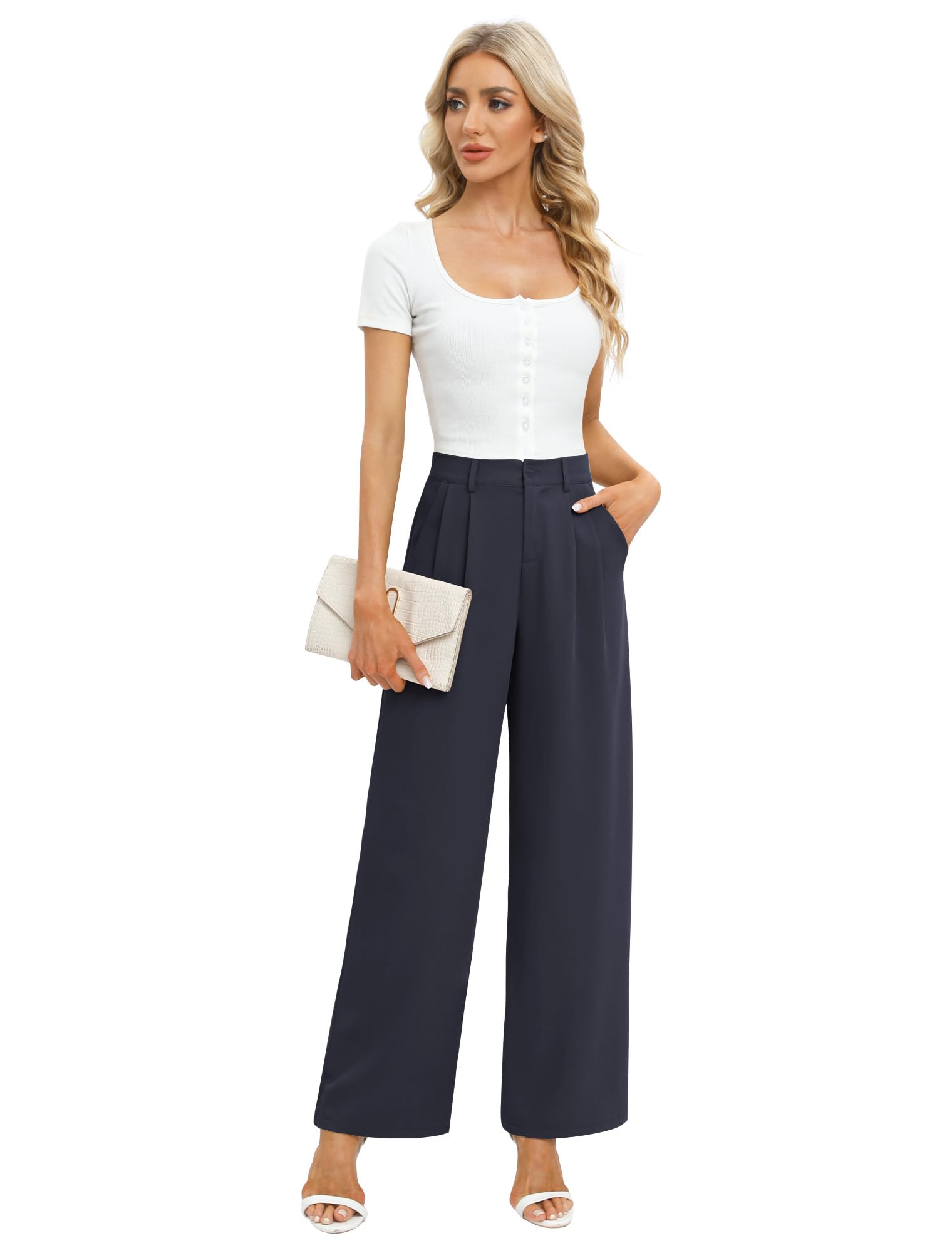 Feiersi Women's High Waisted Wide Leg Business Pants - Professional Straight Leg Work Trousers with Pockets for Office, Interview & Formal Occasions
