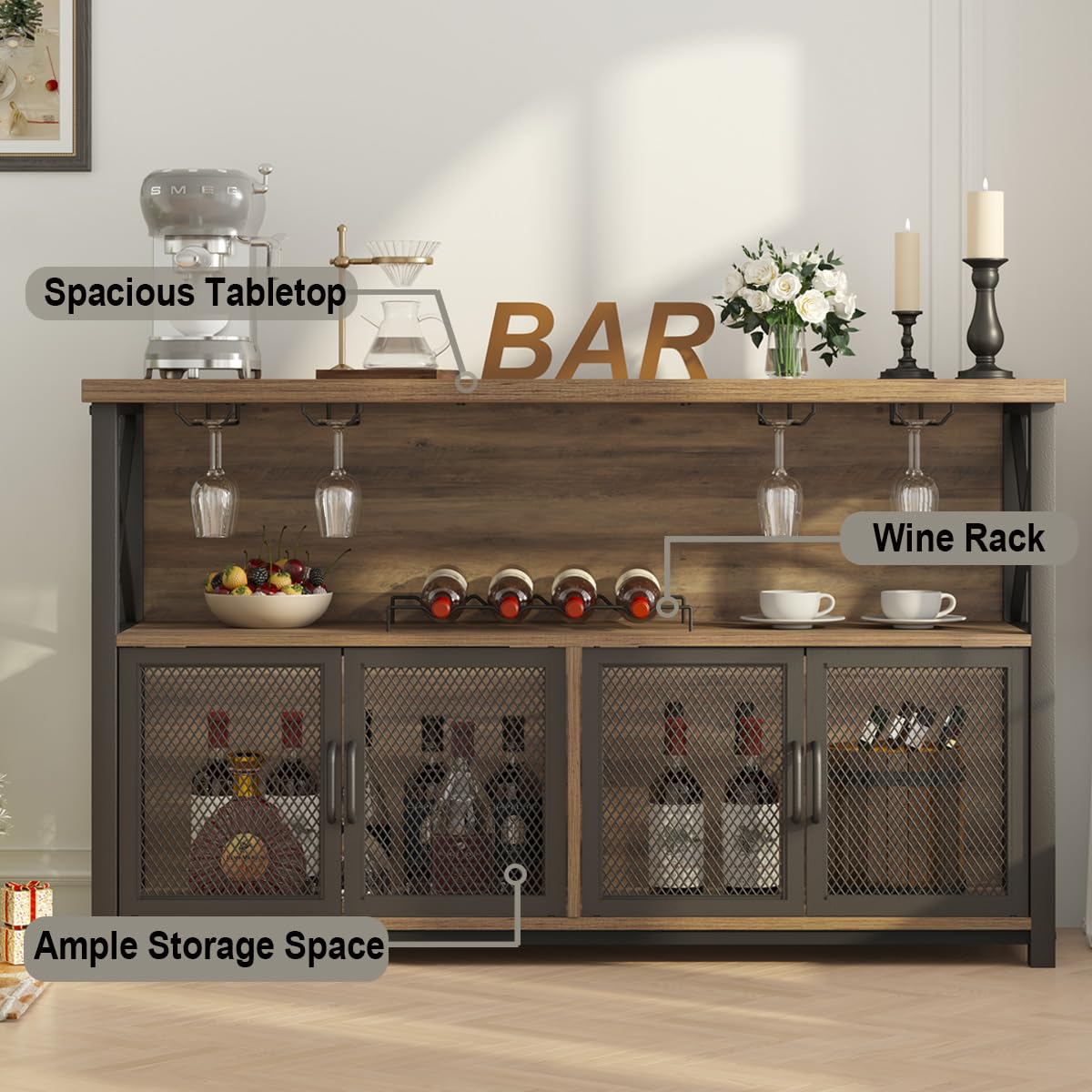 LVB Industrial Wine Bar Cabinet - 47 Inch Rustic Oak Buffet Sideboard with Metal & Wood Design for Liquor, Glasses & Coffee Storage | Perfect for Farmhouse Dining Room, Kitchen & Home Bar Setup