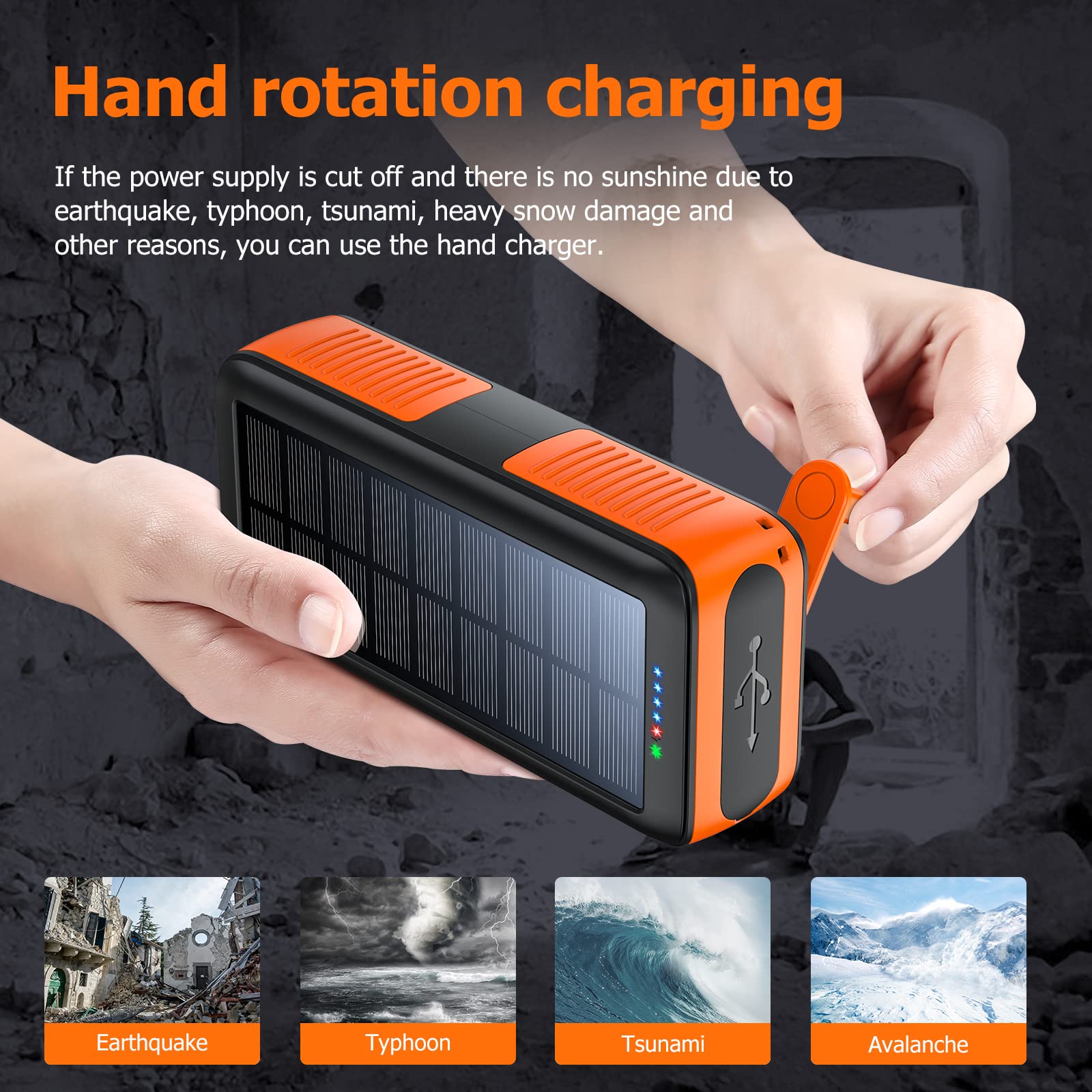 High Capacity 63200mAh Solar Power Bank with Dual USB Outputs & Inputs | Portable Solar Charger with 4 LED Flashlight & Hand Crank | Fast Charging Battery Pack for Outdoor Camping, Hiking, Emergency Survival Gear & Travel Accessories