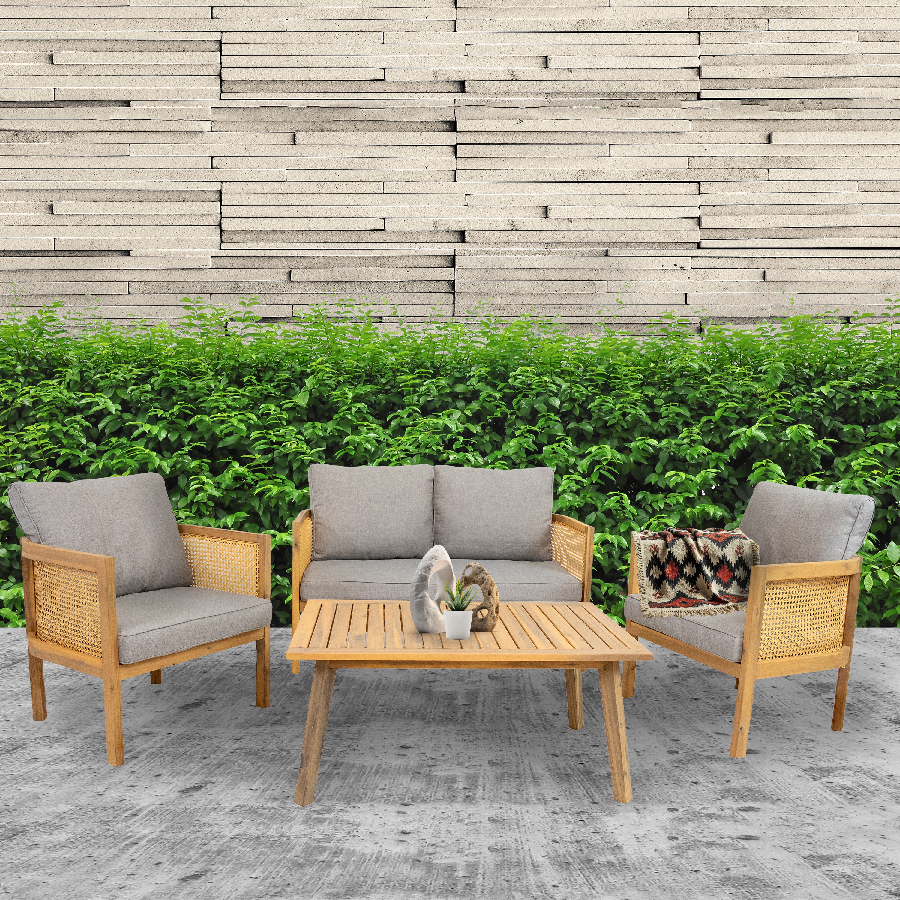 SunnyDaze 4-Piece Wood Patio Conversation Set - Outdoor Wooden Lounge Furniture for Garden, Deck, Poolside & Backyard Relaxation