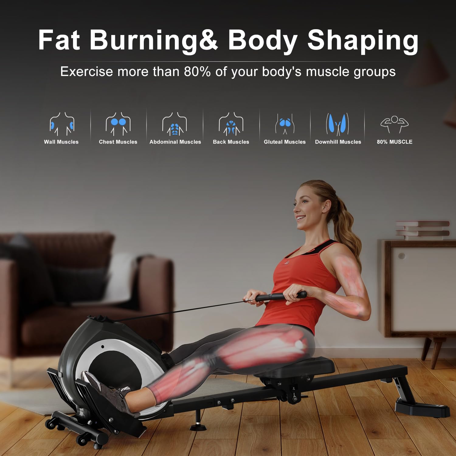 Adjustable 8-Speed Magnetic Rowing Machine for Home Workout - 265 LBS Weight Capacity, Fat Burning & Muscle Sculpting, Phone/Tablet Holder - Perfect for Small Spaces & Full-Body Fitness