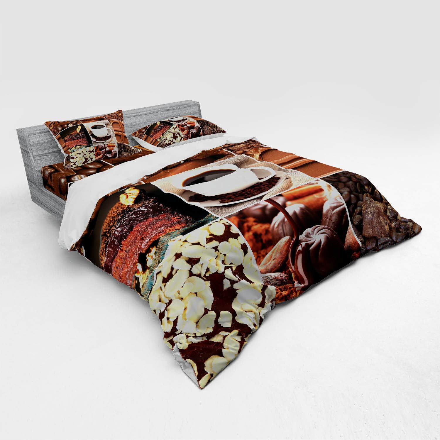 Ambesonne Brown Duvet Cover Set - King Size 4-Piece Bedding with Shams & Fitted Sheet | Coffee Chocolate Beans Mugs Pastries Espresso Cocoa Themed Design | Perfect for Bedroom Decor, Gift for Coffee Lovers & Home Styling