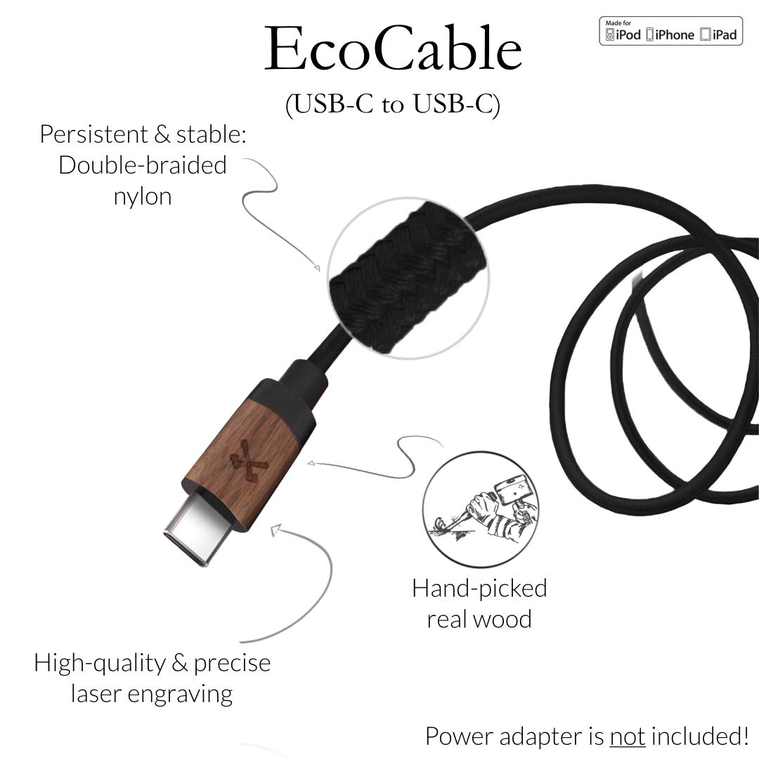 Premium Real Wood & Nylon USB-C Cable - Fast Charging & Data Sync Compatible with iPhone 15, Samsung Galaxy, iPad Pro | Eco-Friendly Walnut & Black Braided Cable for Home, Office & Travel Accessories