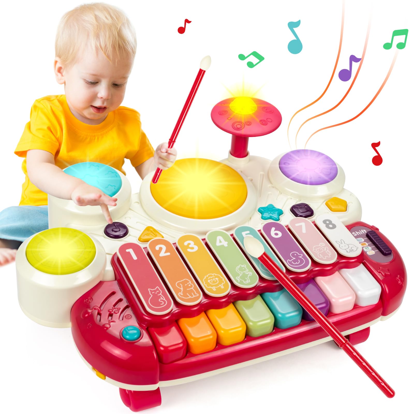 Marstone 5-in-1 Musical Baby Toys for 1-2 Year Olds - Interactive Piano, Xylophone, Whack-a-Mole, Drum Set with Sounds & Lights | Perfect 1st Birthday Gift & Early Learning Toy for Toddlers | Great for Playtime, Sensory Development & Motor Skills