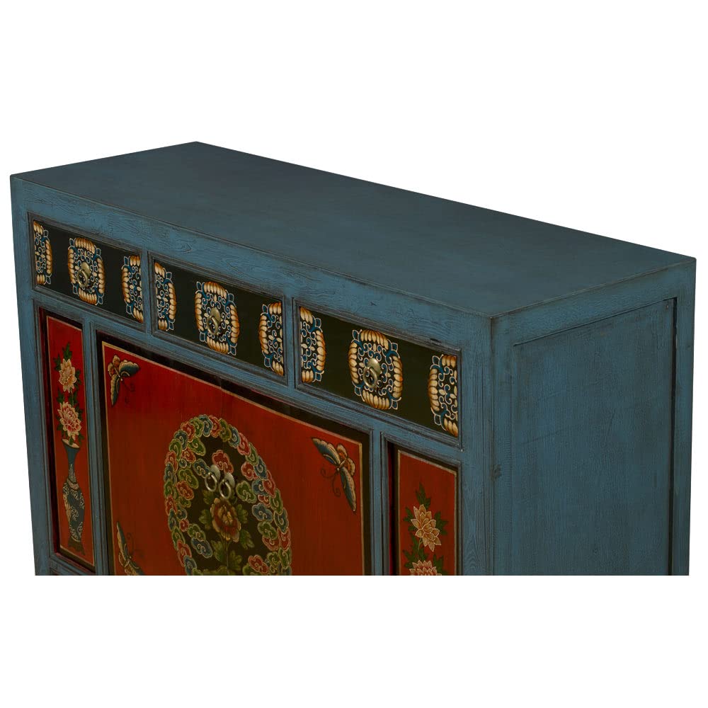 Antique Tibetan Cabinet with Elmwood Peony & Butterfly Motif - Handcrafted Asian Furniture for Home Decor, Living Room Storage, Meditation Space