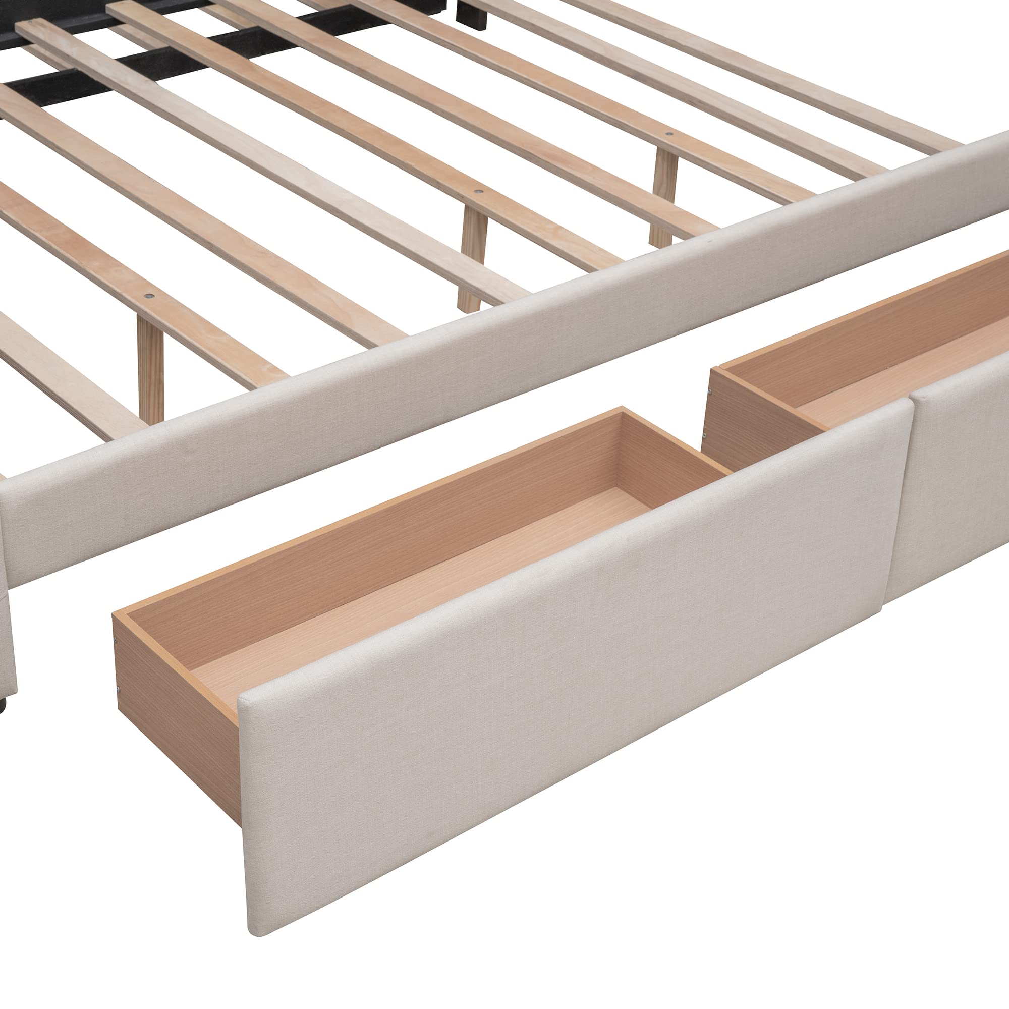 Queen Size Upholstered Platform Bed with Storage Drawers & Twin XL Trundle - Wooden Frame, Button Tufted Headboard in Beige - Perfect for Small Bedrooms, Guest Rooms & Space-Saving Solutions