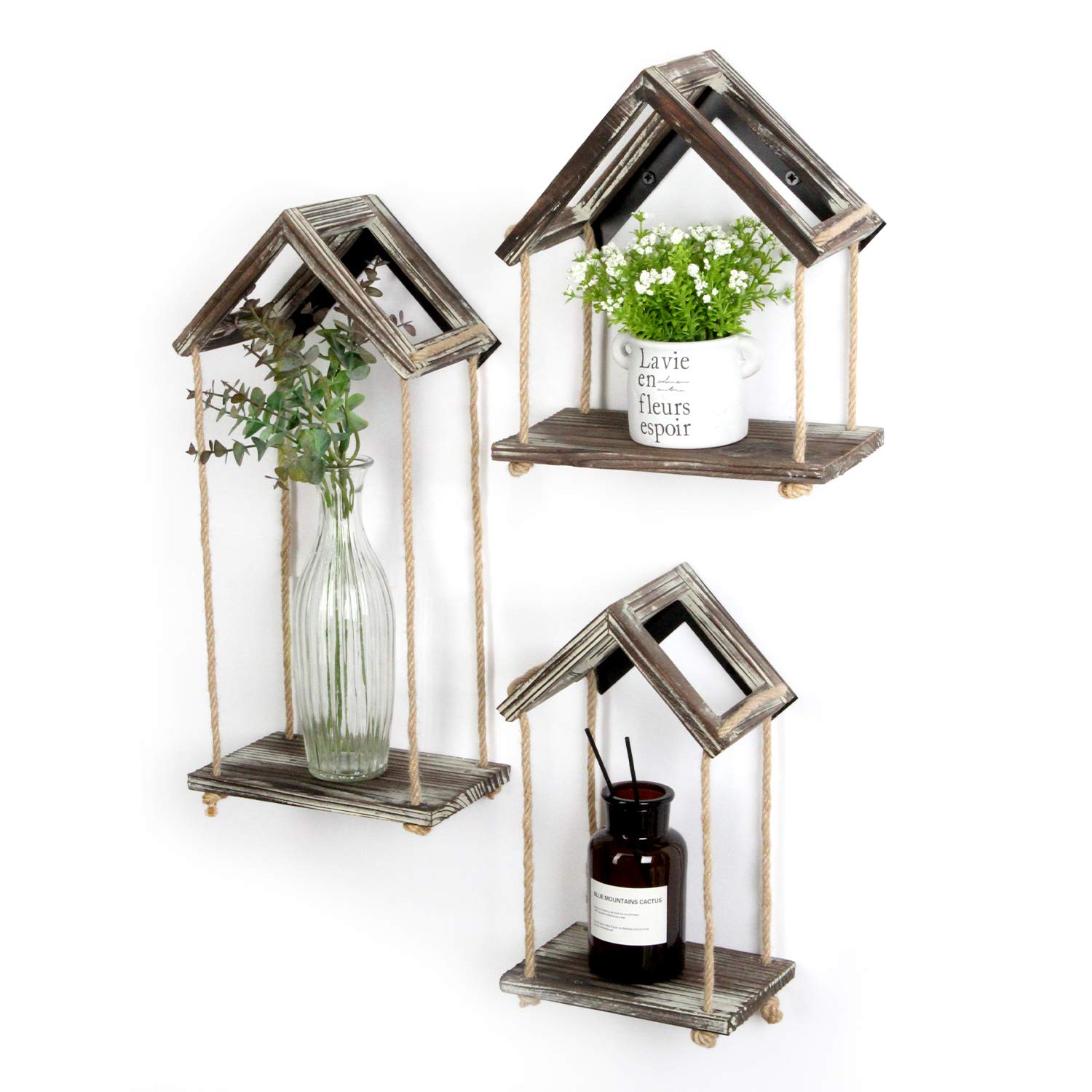 J JACKCUBE DESIGN Set of 3 Rustic Wood Floating Hanging Rope Wall Shelves - Boho Decor Shelf for Living Room, Bedroom, Home & Apartment - Perfect for Displaying Plants, Books, Photos and Decorative Items (MK664A)