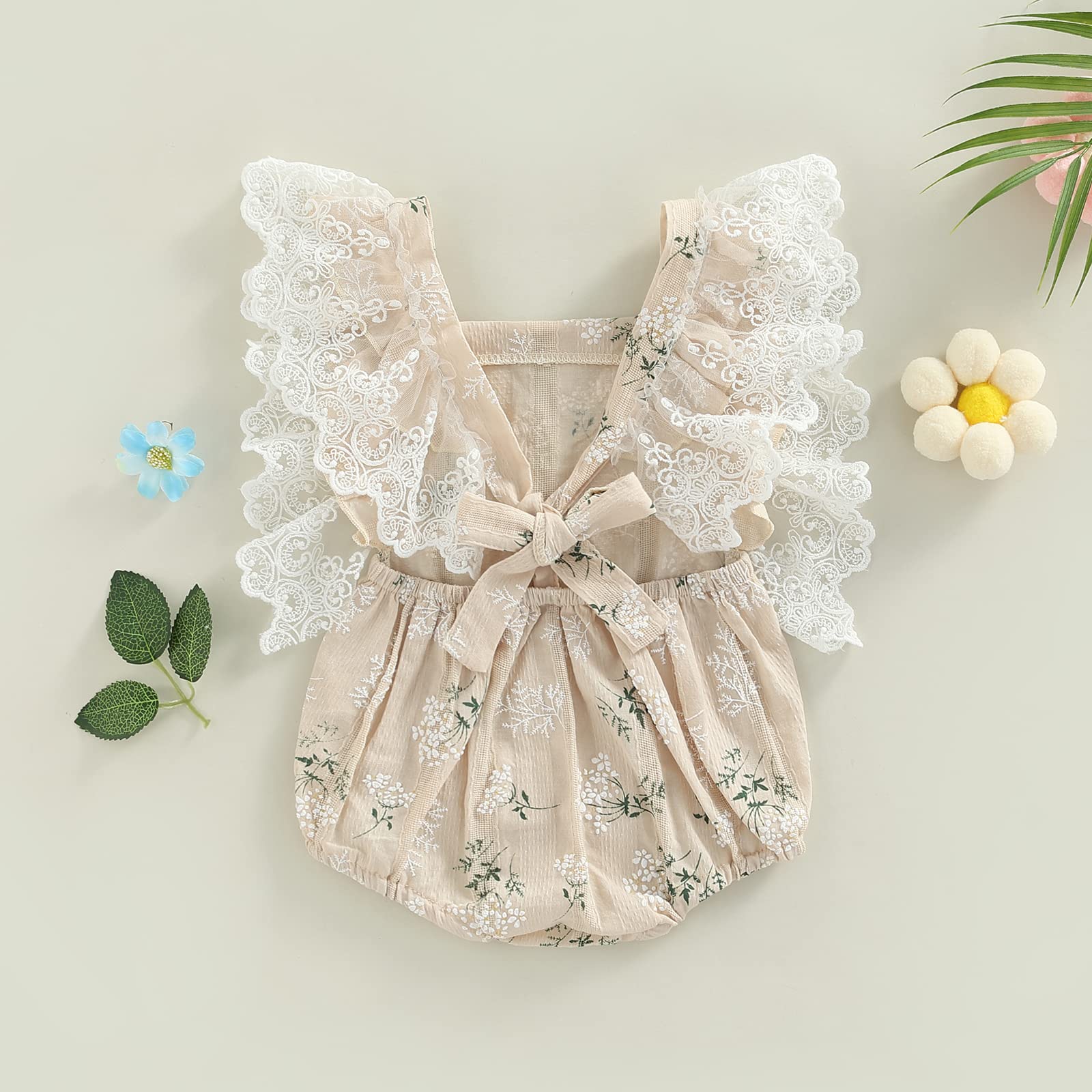 Newborn Baby Girl Romper Outfit - Lace Flutter Sleeve Floral Bodysuit One-Piece Summer Clothes | Perfect for Photoshoots, Parties & Daily Wear