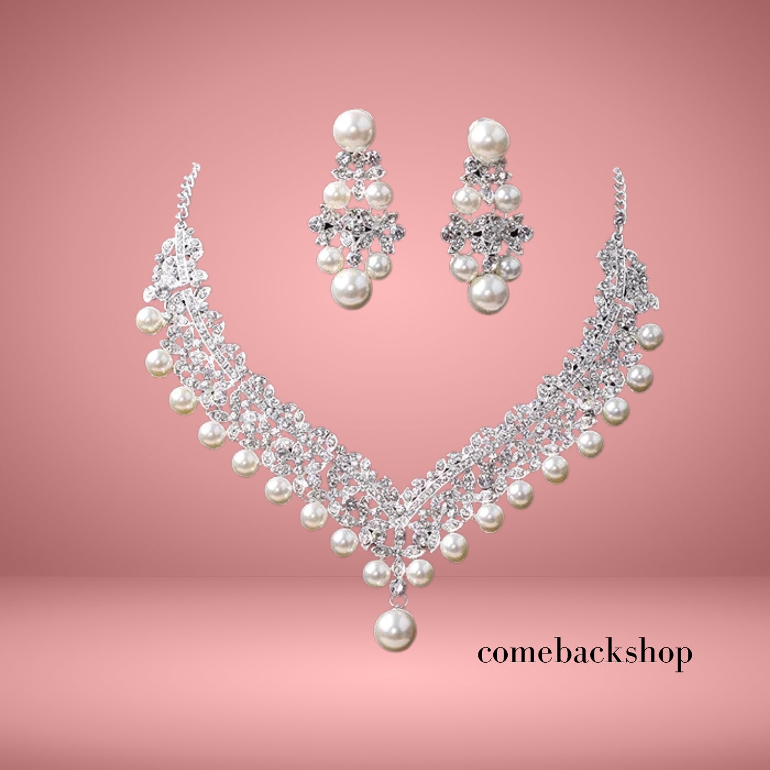 Elegant Crystal Pearl Floral Necklace and Dangle Earrings Set - Wedding, Bridal Jewelry, Birthday Gift for Women - Perfect for Bridal Shower, Anniversary, and Special Occasions