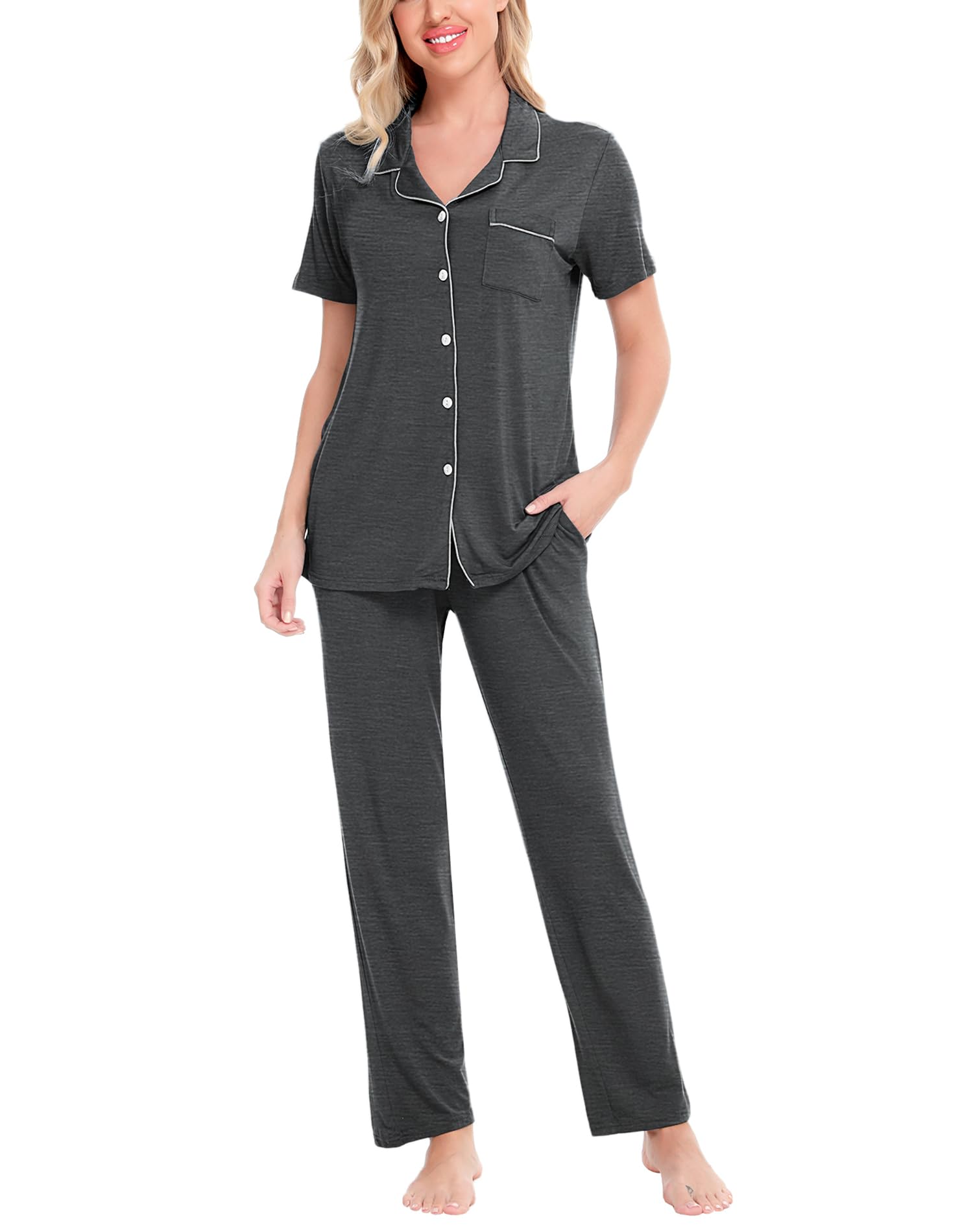 SWOMOG Women's Pajama Sets - Soft 2-Piece Sleepwear with Short Sleeve & Button Down Top + Long Pants for Comfortable Nightwear & Lounge Wear - Perfect for Sleeping, Relaxing at Home, and Cozy Evenings