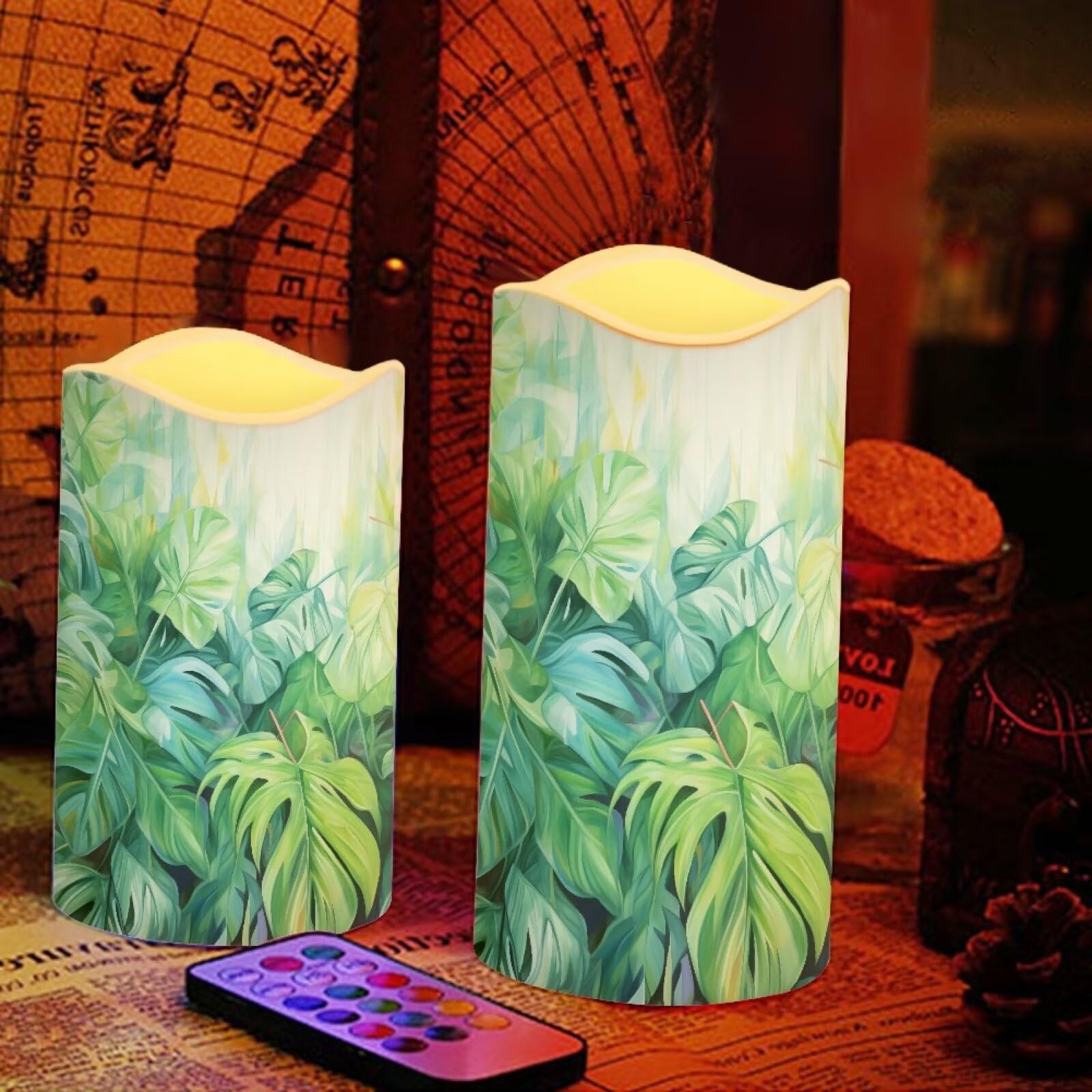 Ystardream Tropical Leaf Flameless LED Candles - Set of 4 Battery Operated Candles with Remote & Timer, Realistic Decorative Flameless Candles for Home, Wedding, Birthday Party Decor - Perfect for Centerpieces, Romantic Dinners & Holiday Ambiance