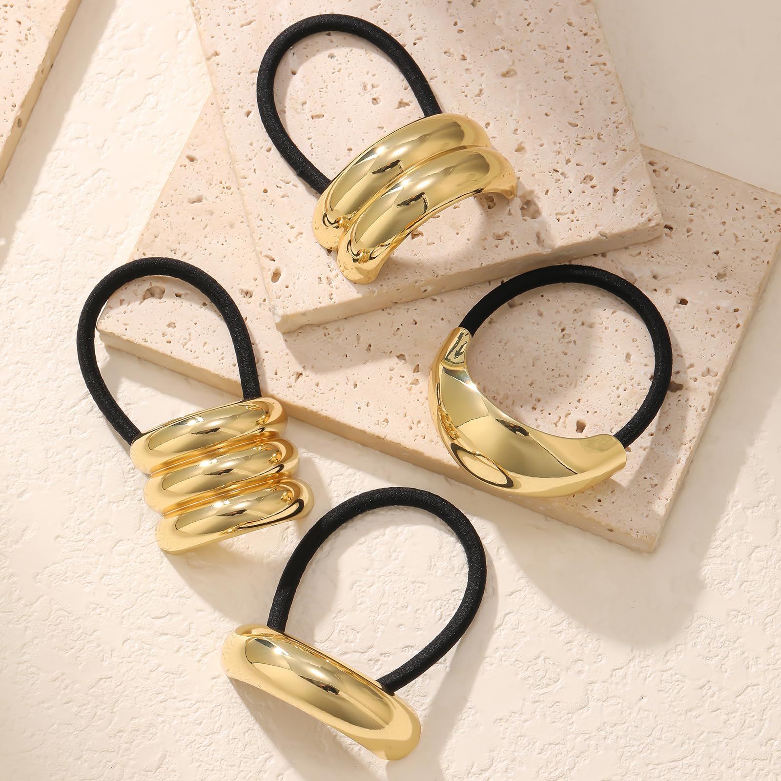 4PCS Gold Metal Hair Ties for Thick Hair - No Damage Geometric Hair Accessories for Women, Elastic Ponytail Holders - Perfect for Holiday Gifts, Parties, Weddings & Everyday Styling