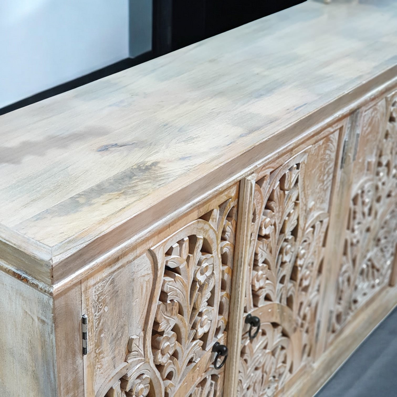 Handmade Carved Indian Mango Wood 4-Door Sideboard Cabinet - White Finish (180x40x90 cm) - Perfect for Dining Room Storage, Living Room Decor & Entryway Organization