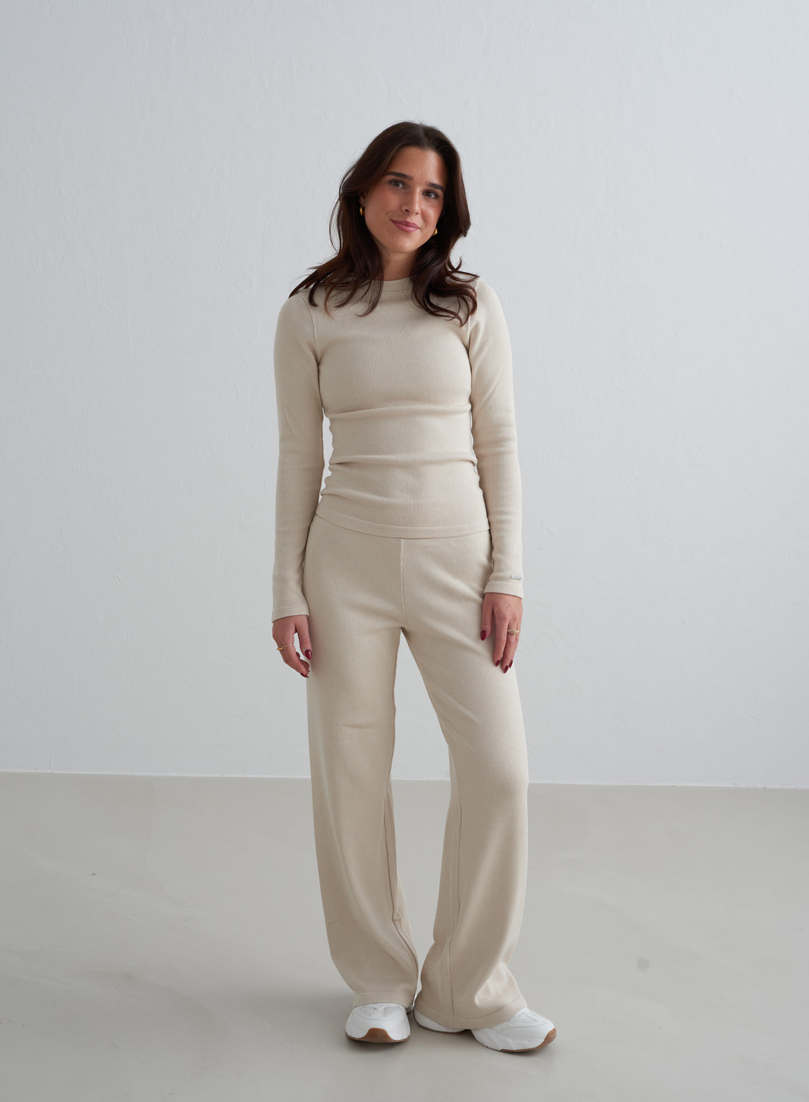 Café Au Lait Ribbed Wool Wide Leg Pants for Women - Cozy Winter Lounge Pants, Office Work Pants & Casual Outfit