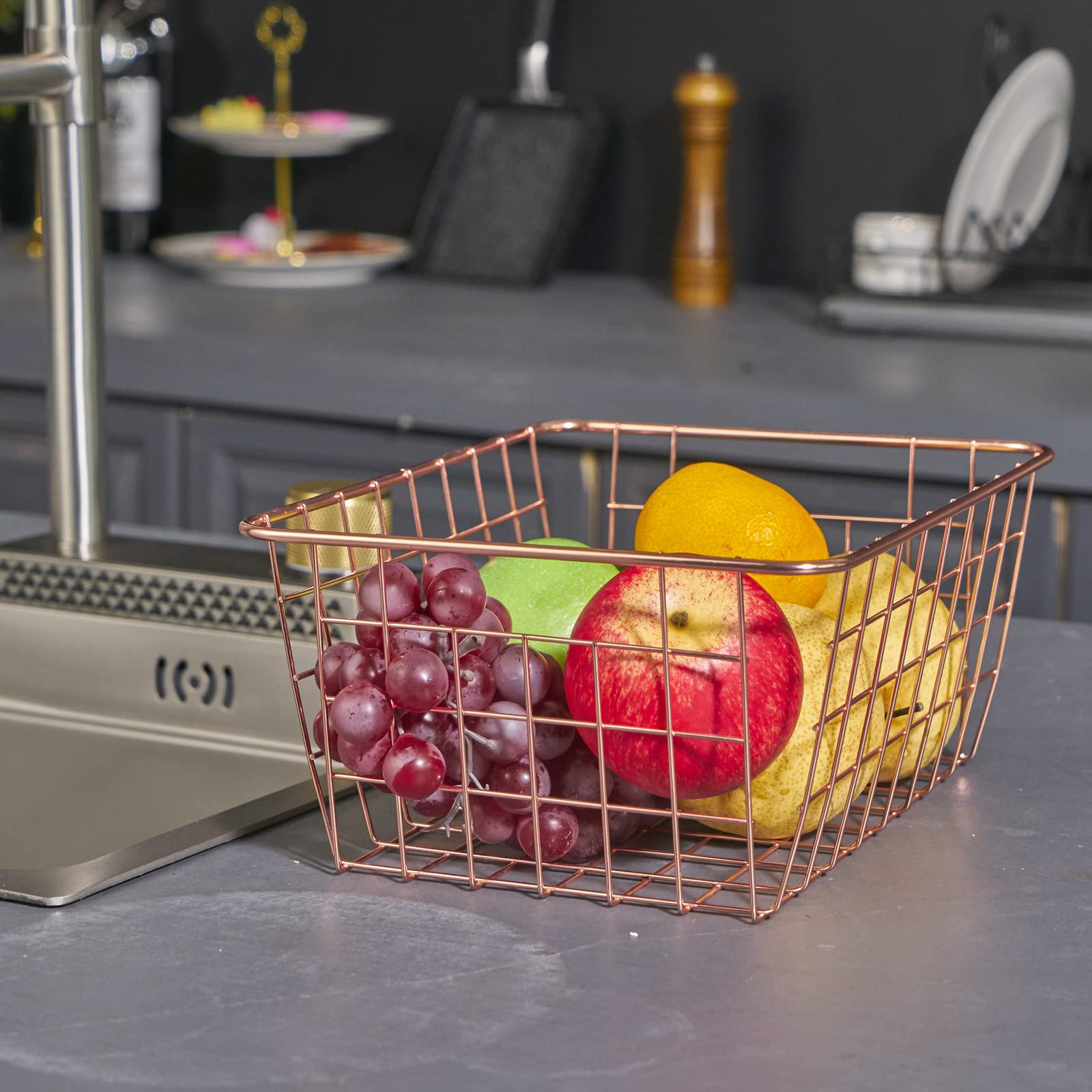 4-Pack Wire Storage Baskets - Stackable Rose Gold Kitchen & Pantry Organizers for Countertop, Laundry, Bathroom & Bedroom | Perfect for Home Organization & Space Saving