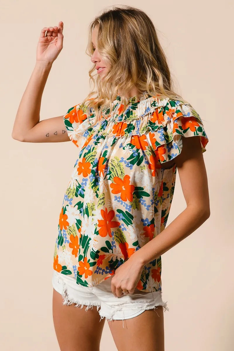 BiBi Women's Floral Print Woven Blouse - Casual Short Sleeve Summer Tops for Beach, Vacation & Everyday Wear