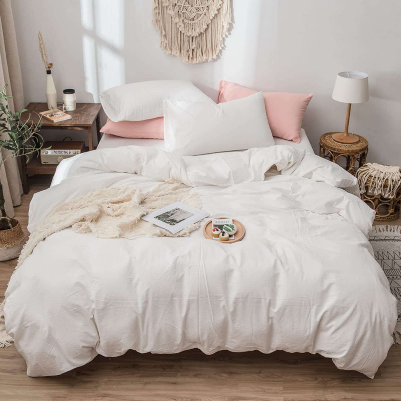 Premium Washed Cotton Duvet Cover Set Queen Size - 3 Piece All Season Bedding with 2 Pillowcases (90