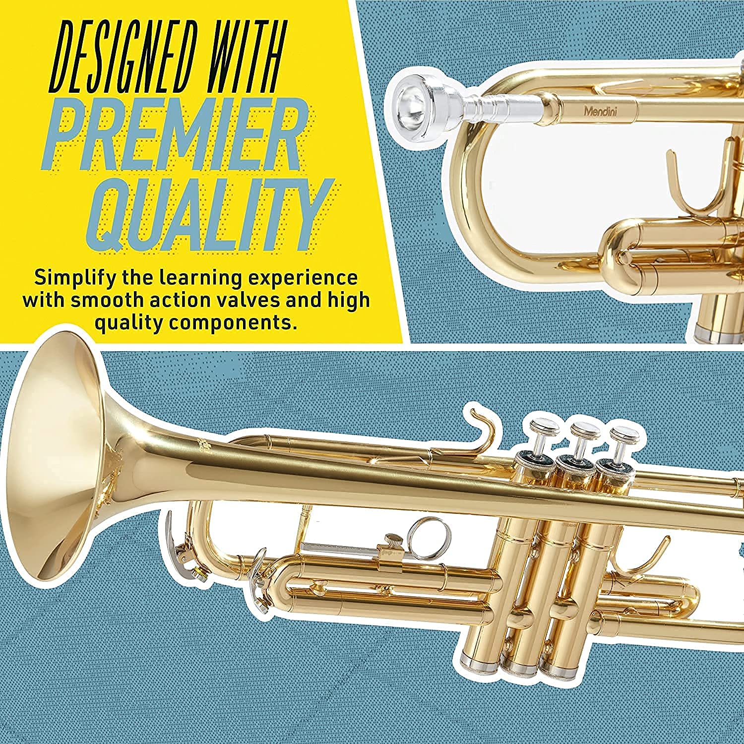 Mendini by Cecilio Bb Trumpet - Professional & Beginner Brass Instrument with Case, Cleaning Cloth, Oil & Gloves - Perfect for Students, Kids & Adults - Ideal for School Bands, Practice & Performances