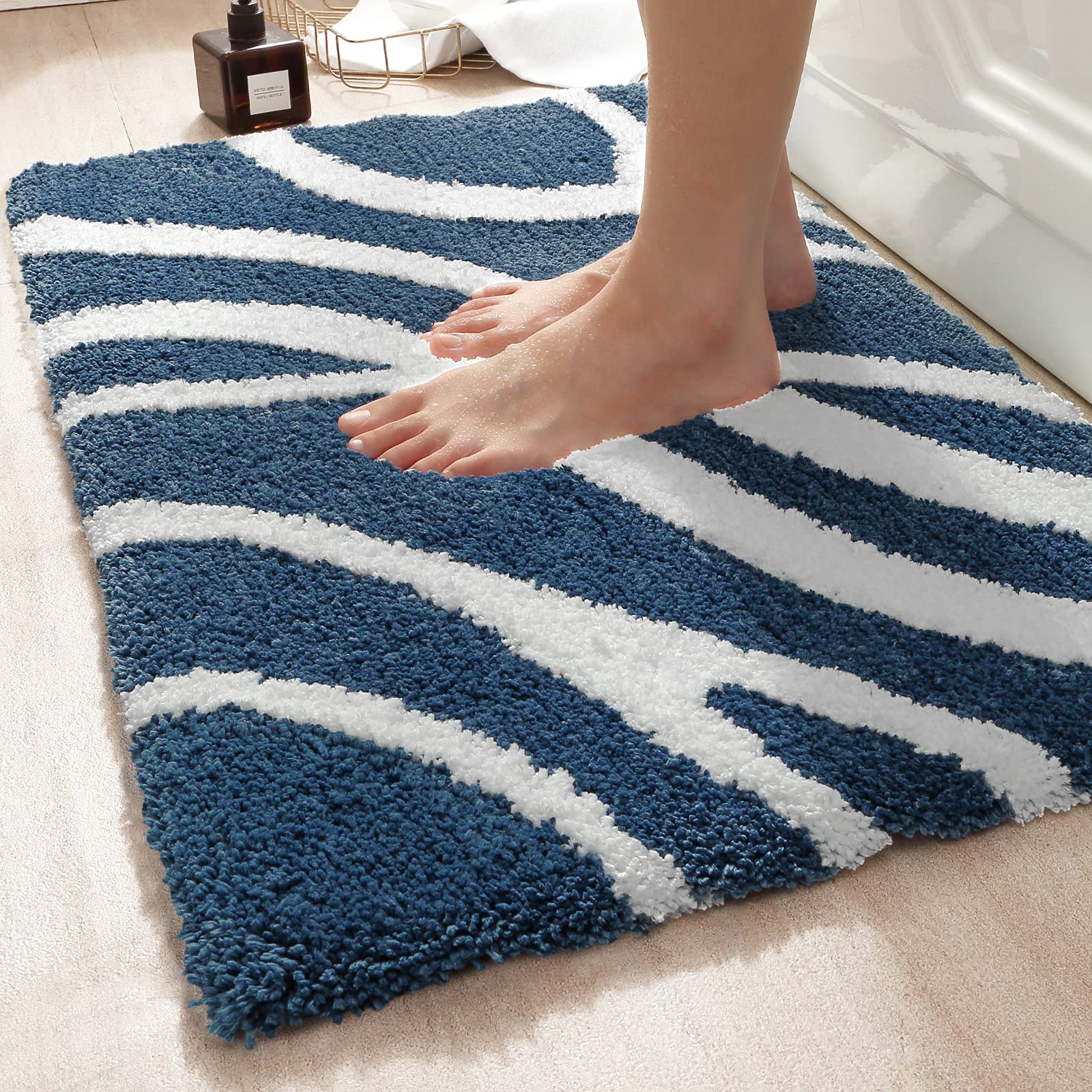 DEXI Soft Absorbent Bath Rug Mat 16x24 Inch - Machine Washable Plush Bathroom Carpet for Tub, Shower & Floor - Non-Slip Luxury Bath Mat for Home, Spa & Hotel Use - Blue