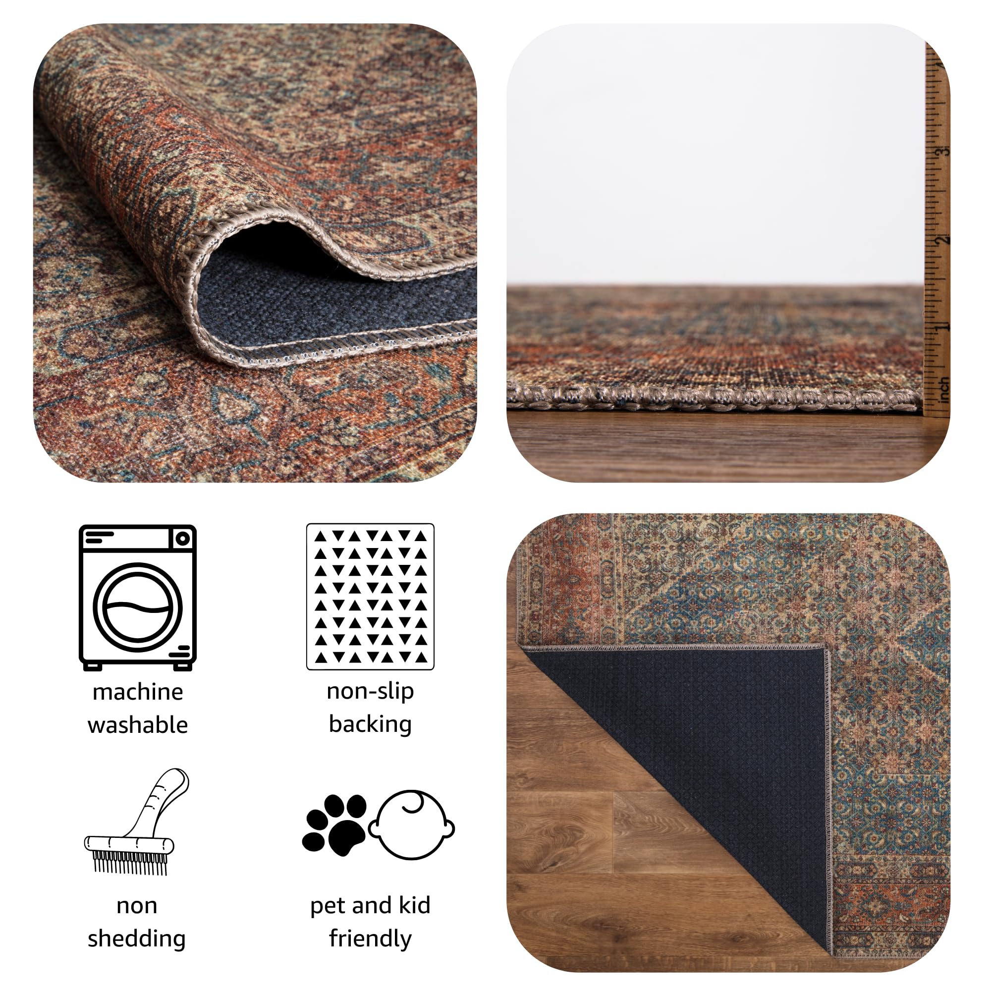 Keen Home Design 2x12 Washable Runner Rug - Non-Slip Vintage Low Pile Rug for Hallway, Entryway, Kitchen & Laundry Room - Durable Easy Clean Carpet (2'6