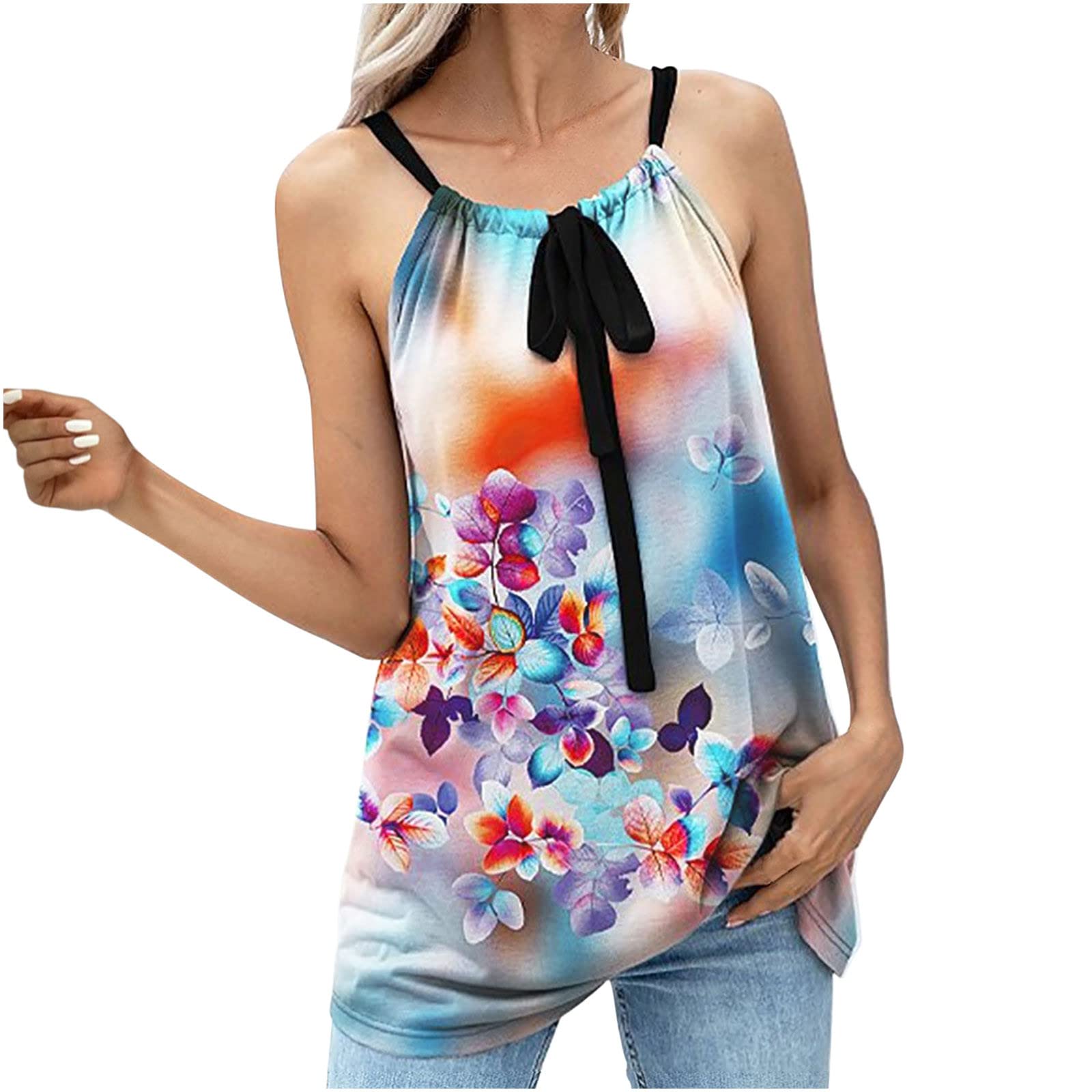 Roliyen Women's Sexy Vintage Print Sleeveless V-Neck Tank Top - Summer Suspender Blouse for Casual Wear, Date Night & Beach Outfits