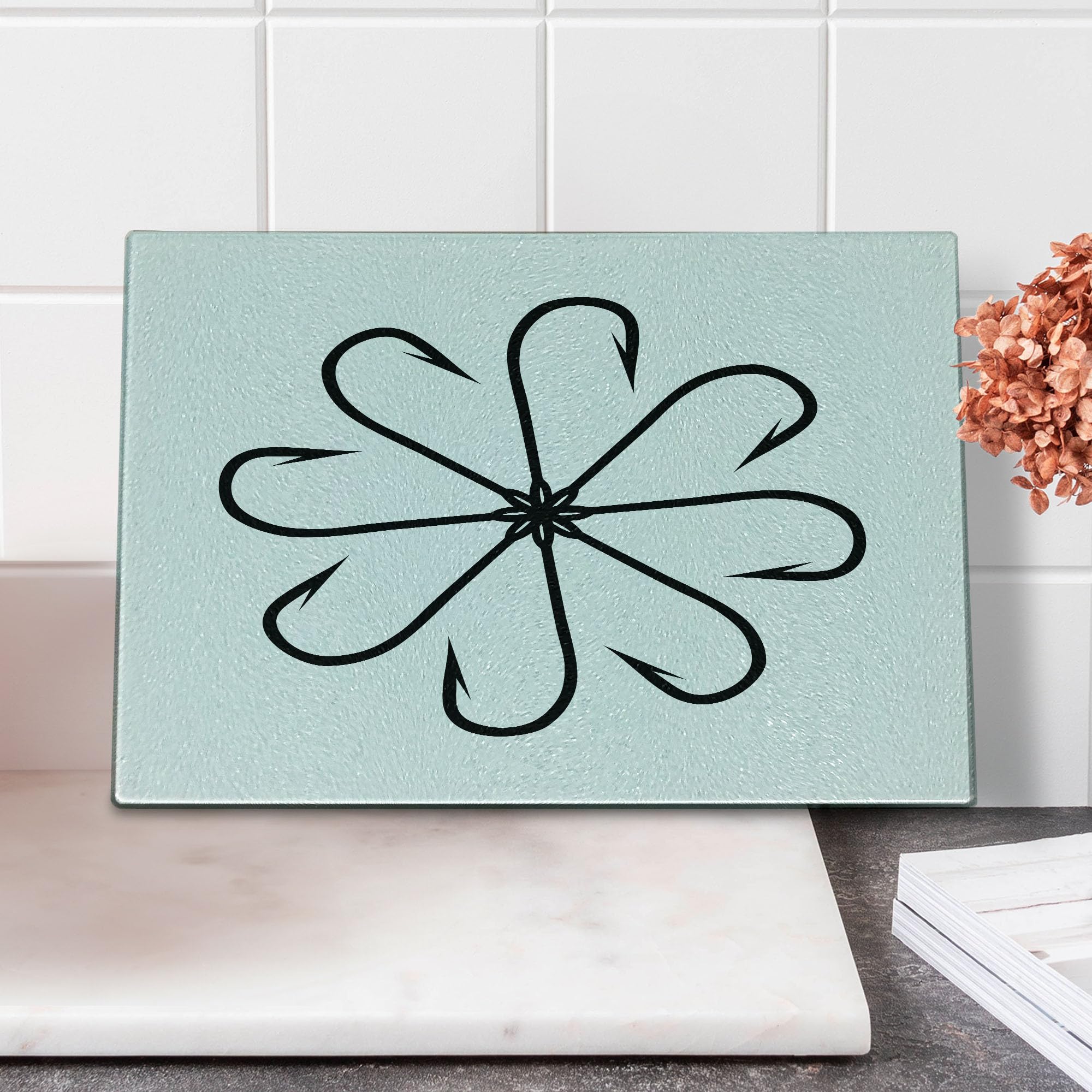 Ambesonne Fishing Cutting Board - Flower Shaped Steel Multi Hook Gaff - Decorative Tempered Glass Cutting & Serving Board - Small Size Black & White - Perfect for Kitchen Prep, Charcuterie Display & Gift Giving