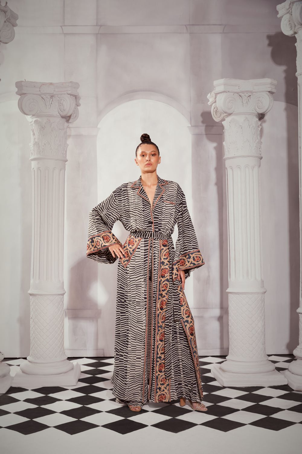 Black & White Byzantine Print Slit Dress with Tile Thread Embroidery - Elegant Evening Gown for Women, Perfect for Parties, Weddings & Special Occasions