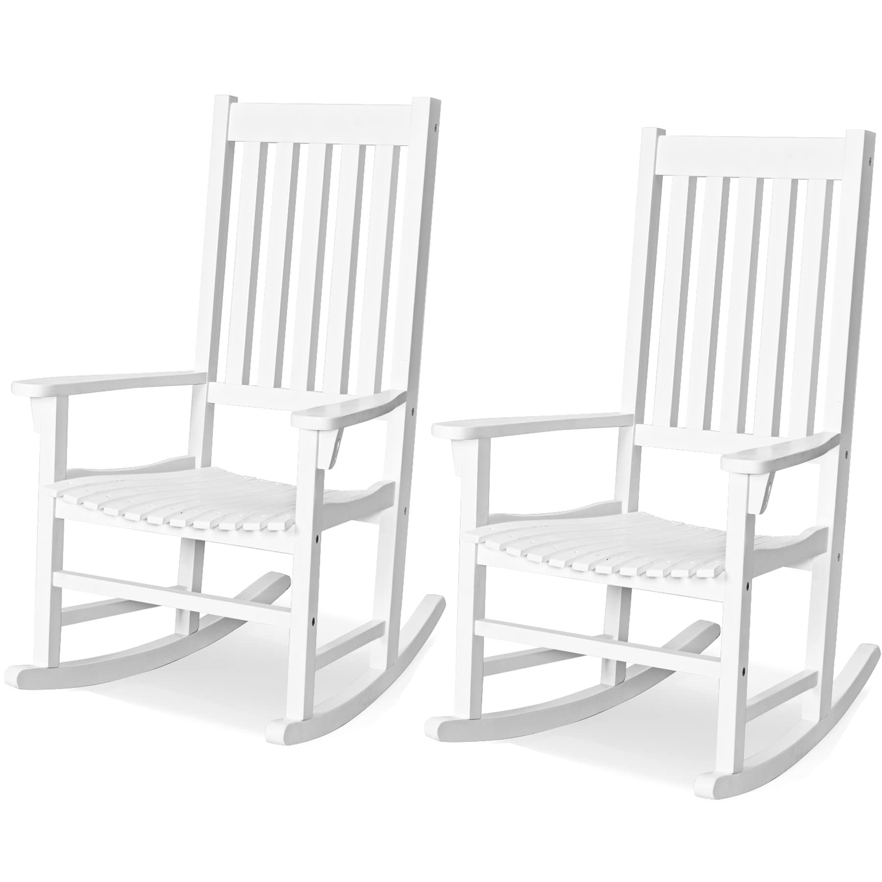 Tangkula Acacia Wood Porch Rocking Chair Set - 2-Piece White Wooden Rocker with High Back & Armrests for Indoor/Outdoor Use - Perfect for Garden, Lawn, Balcony, Backyard & Poolside Relaxation
