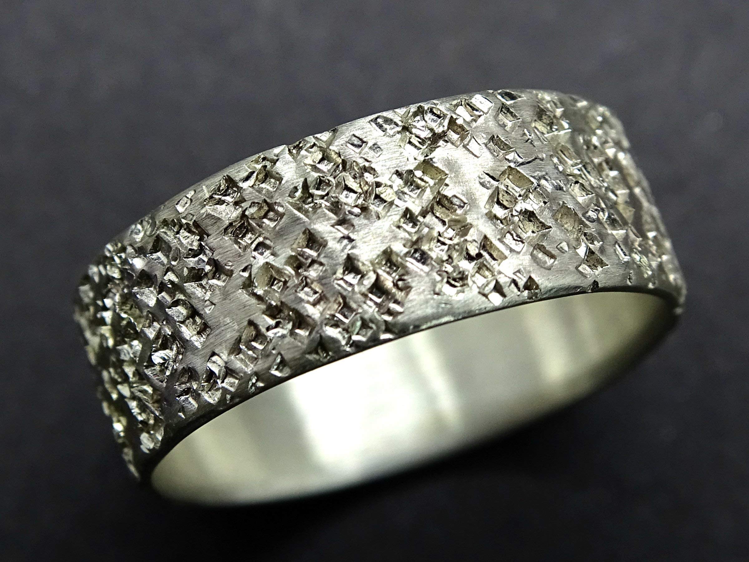 Unique Silver Wedding Band for Men - Volcanic Rock Pattern Structured Ring - Durable Men's Engagement Band - Perfect for Weddings, Anniversaries & Special Occasions