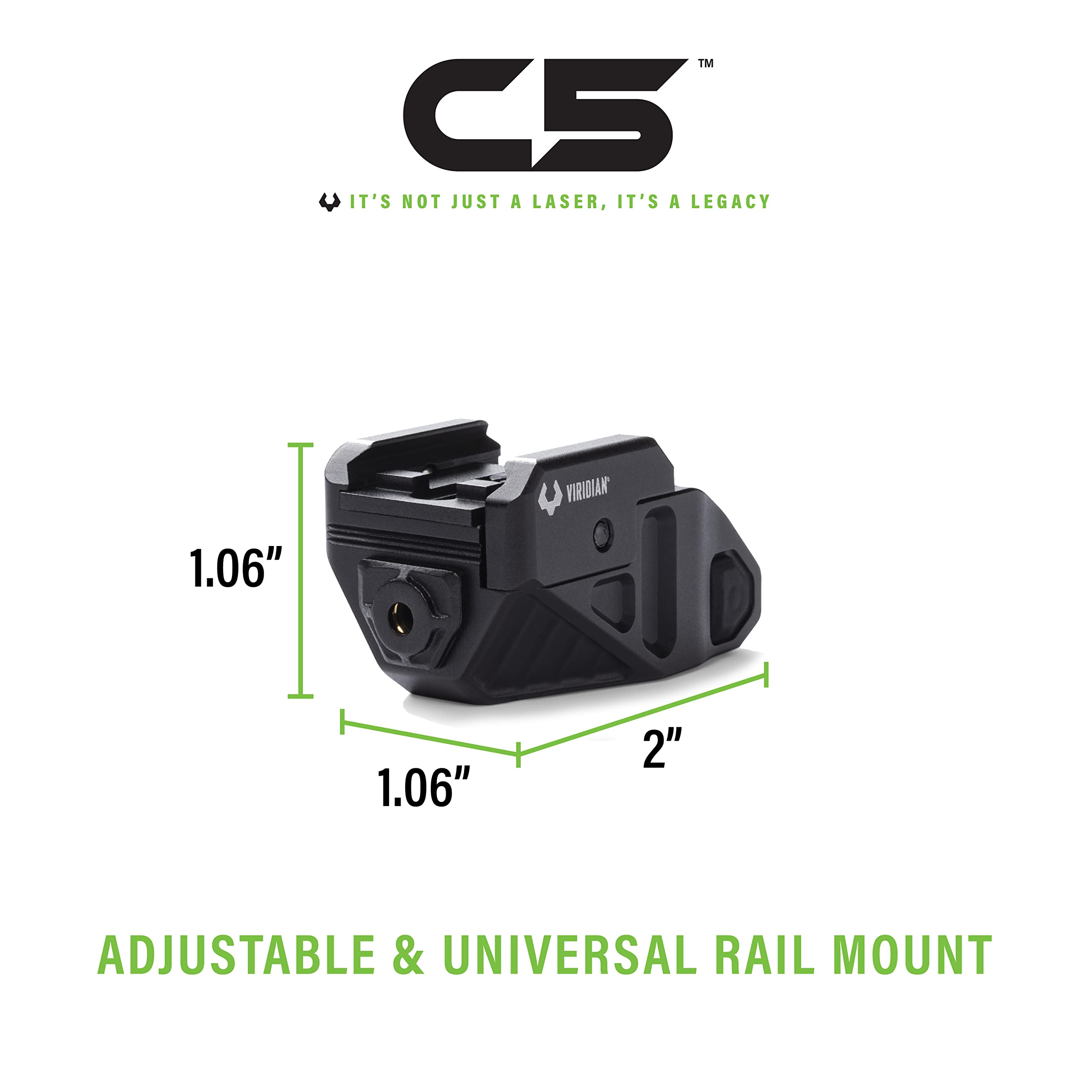 Viridian C5 Green Laser Sight for Pistols - Universal Rail Mount, Ambidextrous On/Off Switch, Rechargeable & Instant-On - Perfect for Home Defense, Tactical Training & Concealed Carry (Black)