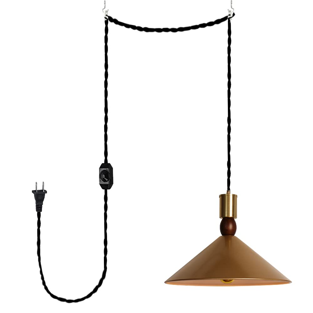 15 Ft Black Twisted Cord E26 Base Gold Metal Pendant Light Fixture with Dimmer Switch - Industrial Design Plug-in Hanging Light for Bay Window, Restaurant, Laundry Room & Farmhouse Decor (Bulb Not Included) - Perfect for Ambient Lighting in Dining Areas, Kitchens and Commercial Spaces