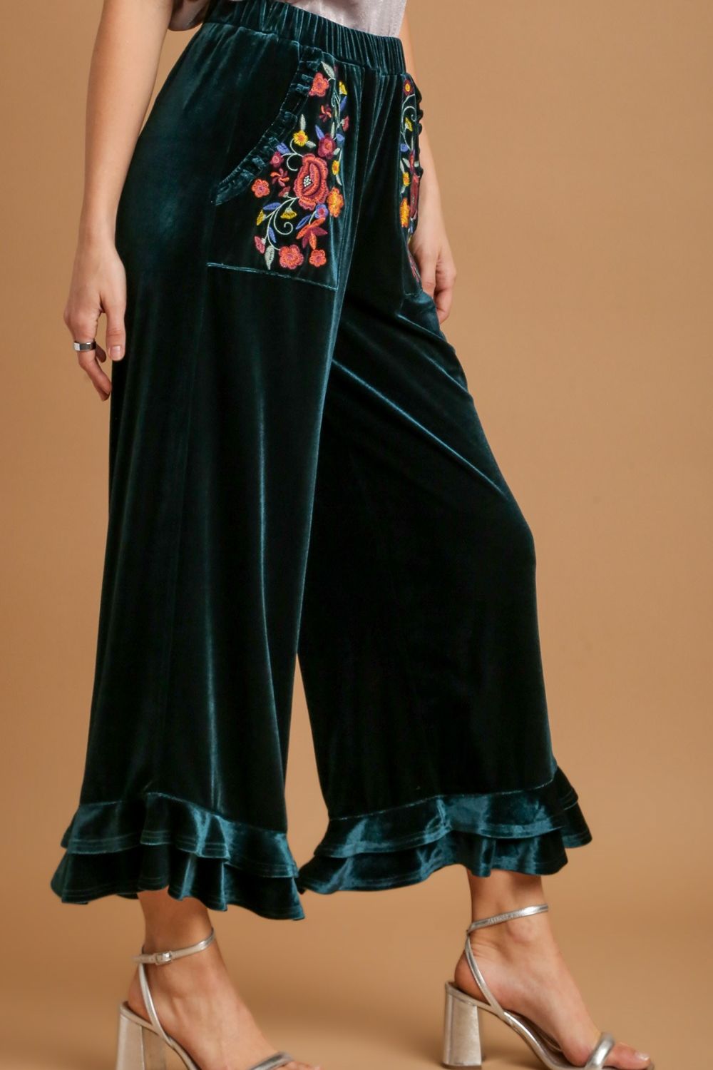 Women's Full Size Wide Fit Ruffle Velvet Lounge Pants with Embroidered Pockets - Soft Elastic Waist Comfortable Resort Wear for Vacation, Spa Days & Home Relaxation