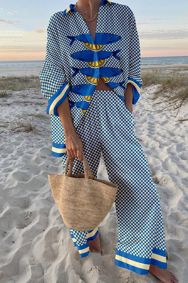 Stylish Ocean Print Oversized Shirt & Elastic Waist Pocket Pants Set - Women's Casual Loungewear for Beach Vacation & Summer Outfits