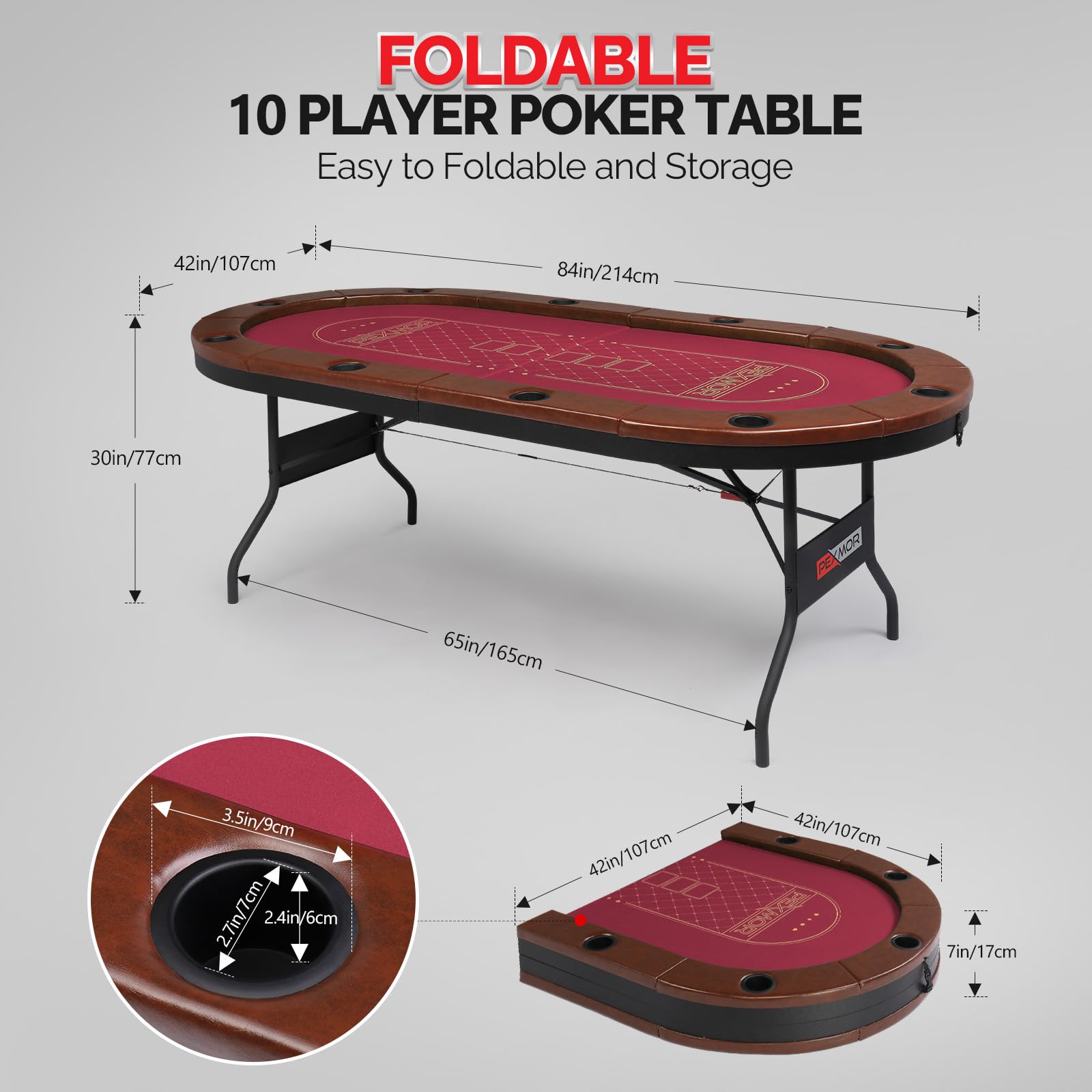 PEXMOR 10 Player Foldable Poker Table with Stainless Steel Cup Holders - Casino Grade Felt & Water Resistant Cushioned Rail - Texas Holdem Blackjack Game Table for Home Casino Nights & Poker Parties (Fully Assembled)