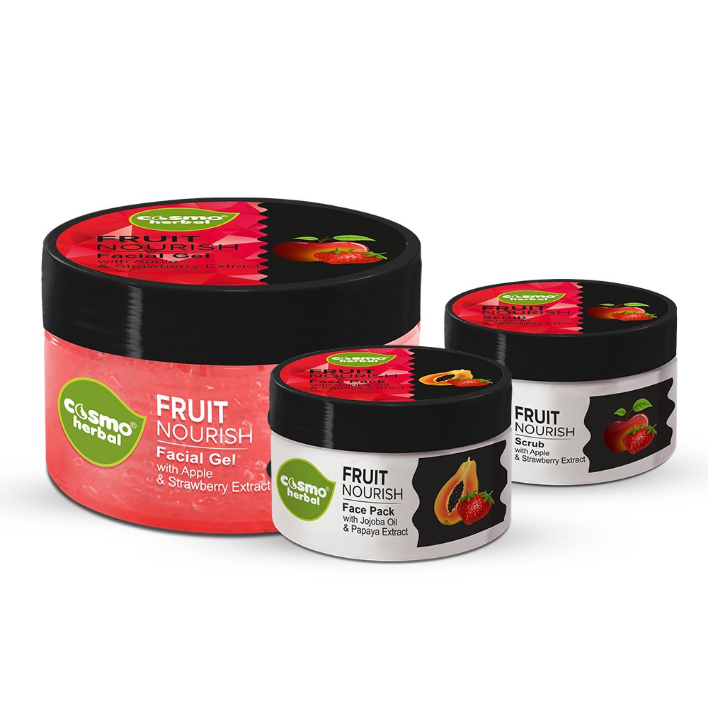 Cosmo Herbals Facial Gel, Fruit Scrub & Gold Pack - 3-in-1 Skincare Combo for Glowing Skin | Deep Cleansing, Exfoliation & Nourishment | Perfect for Daily Routine & Spa Days