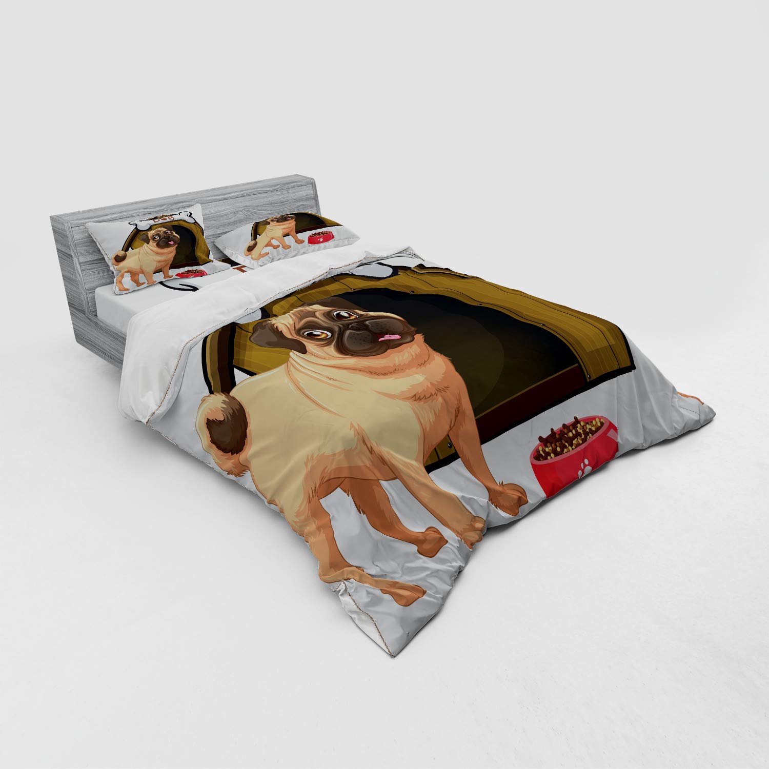 Ambesonne Pug Dog House Cartoon Bedding Set - 4 Piece Duvet Cover with Shams & Fitted Sheet, Queen Size in Pale Coffee Red Sand Brown - Perfect for Pet Lovers' Bedroom Decor & Dog Themed Home Accessories