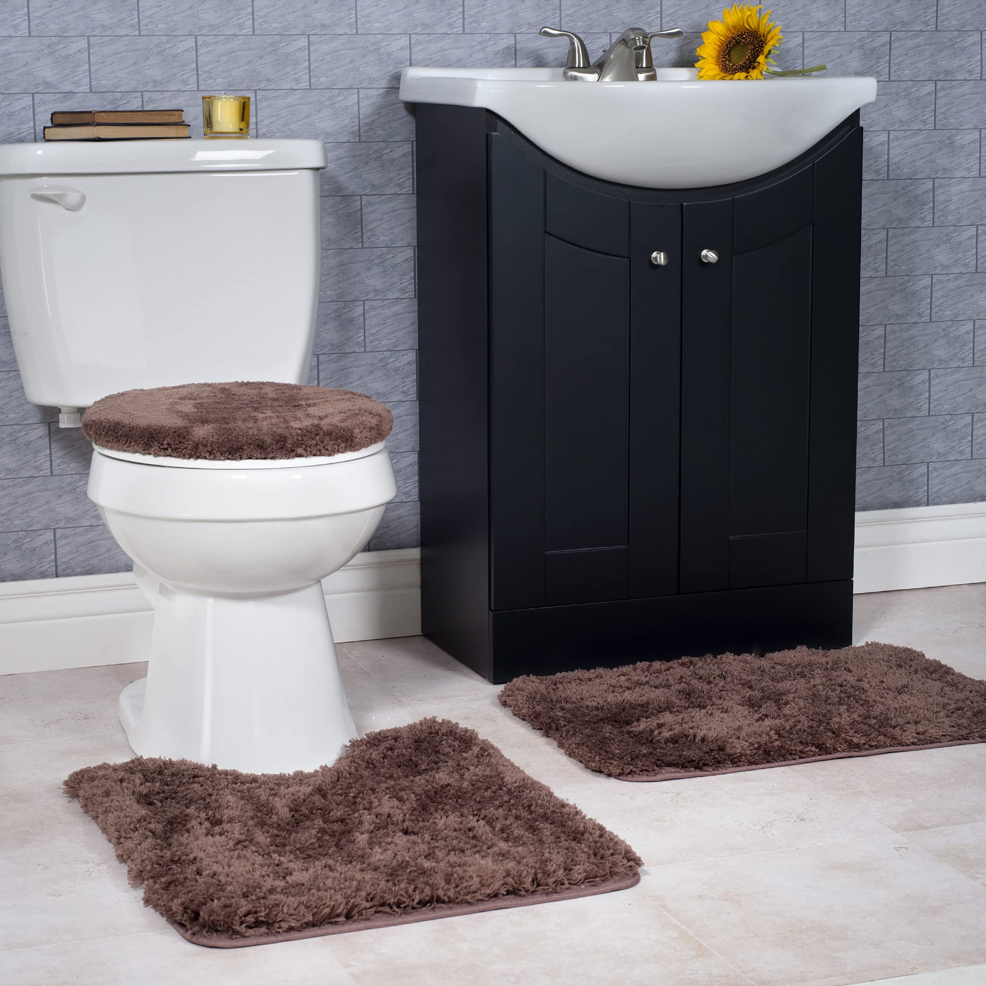 Lavish Home 3-Piece Non-Slip Bathroom Rug Set - Soft Absorbent Bath Mat, Contour Mat & Toilet Lid Cover - Machine Washable - Brown - Perfect for Bathroom Safety & Comfort