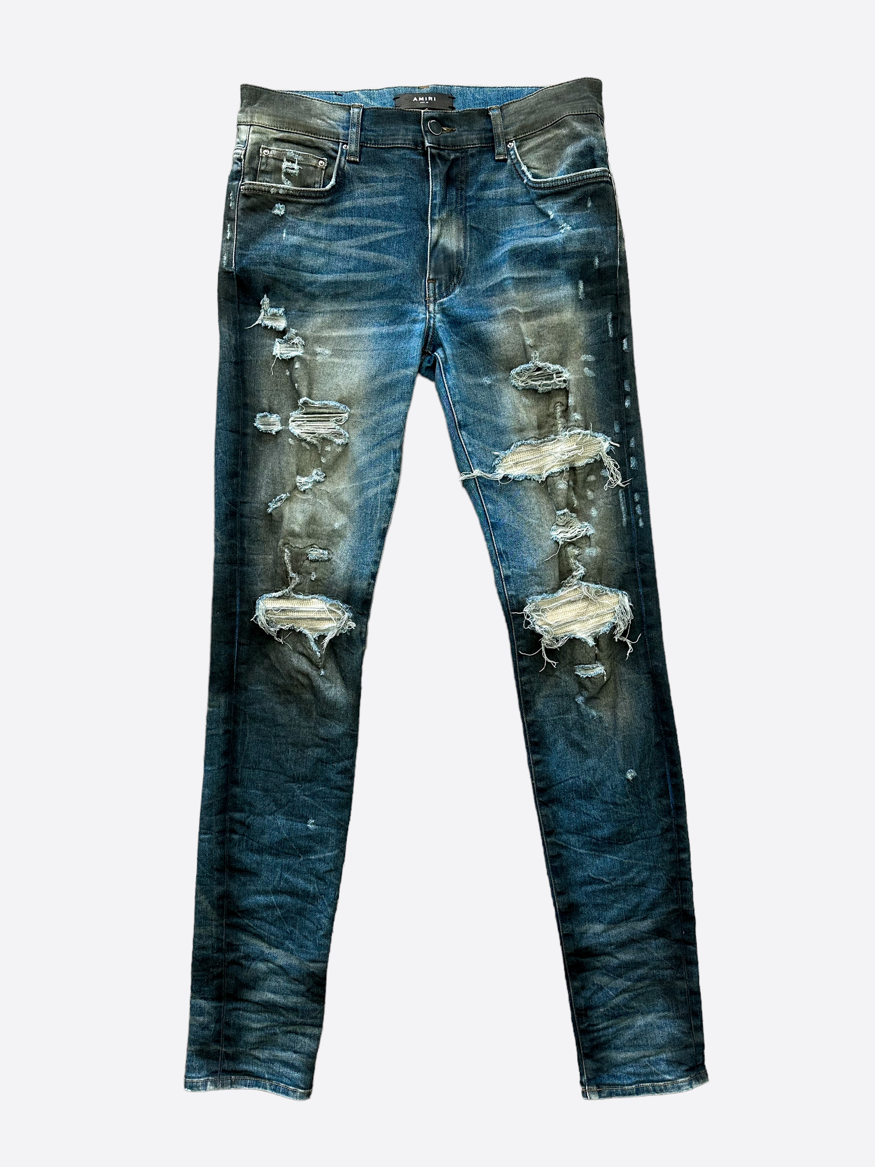Amiri Dirty Indigo Cashmere Patch MX1 Distressed Denim Jeans for Men - Premium Designer Slim Fit Ripped Denim Pants for Casual Wear & Street Style Fashion