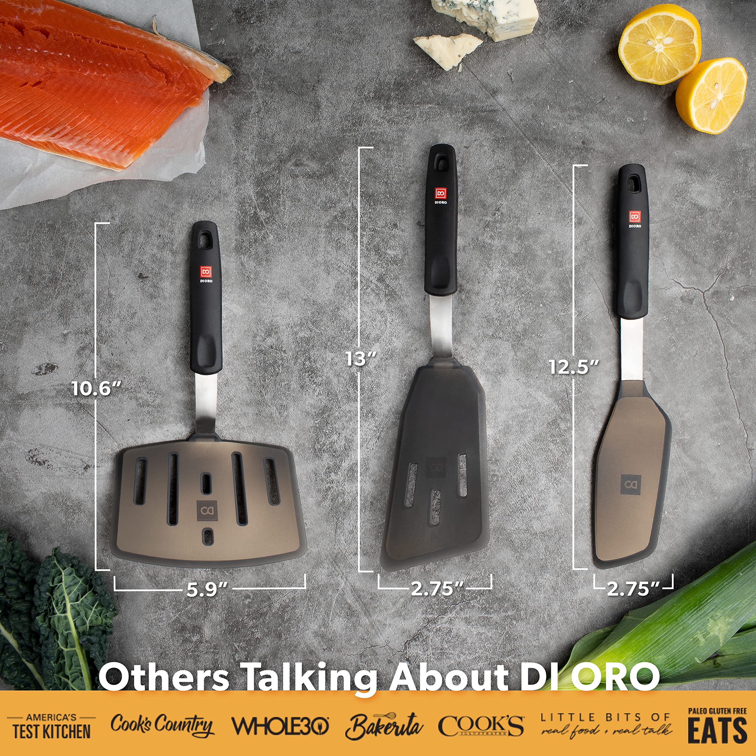 DI ORO 9-Piece Silicone Kitchen Utensil Set - 600°F Heat-Resistant Cooking Tools for Non-Stick Pans - Includes 3 Turners, 3 Spatulas, 2 Spoons & 1 Ladle - Perfect for Baking, Frying, Sauteing & Serving - Dishwasher Safe & Easy Clean (Black)
