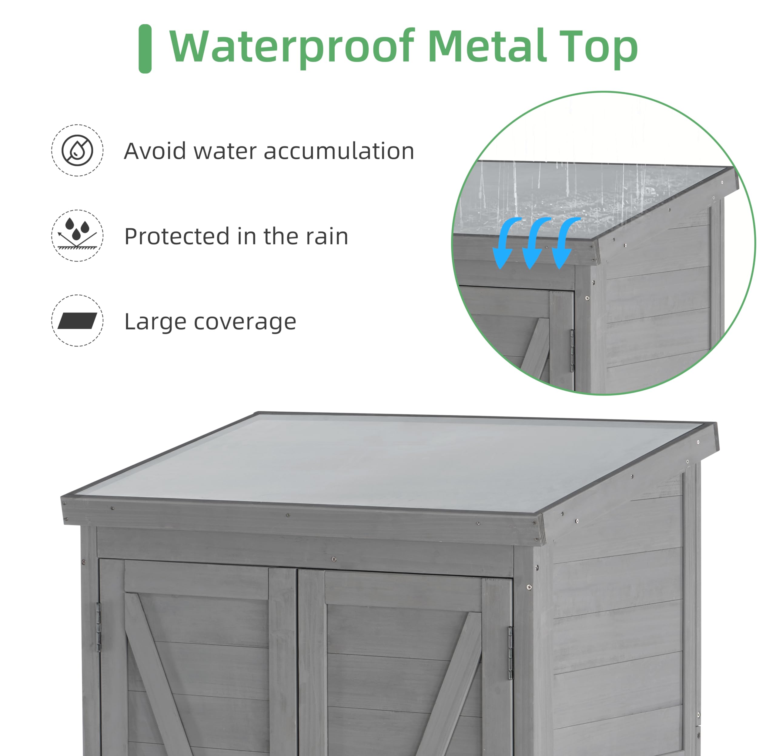 Outdoor Wooden Storage Shed with Metal Roof - Tall Vertical Tool Cabinet for Backyard, Garden, Patio & Lawn Organization | Perfect for Storing Gardening Tools, Lawn Equipment & Outdoor Supplies