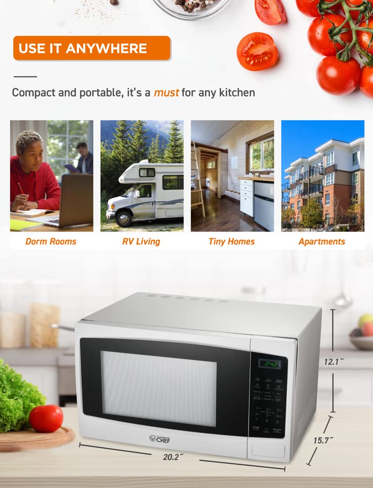 Commercial Chef 1.1 Cu Ft 1000W Countertop Microwave Oven - 10 Power Levels, Push Button Door Lock, Digital Controls & Turntable - Perfect for Home Kitchen, Office, Dorm & Small Spaces (White)