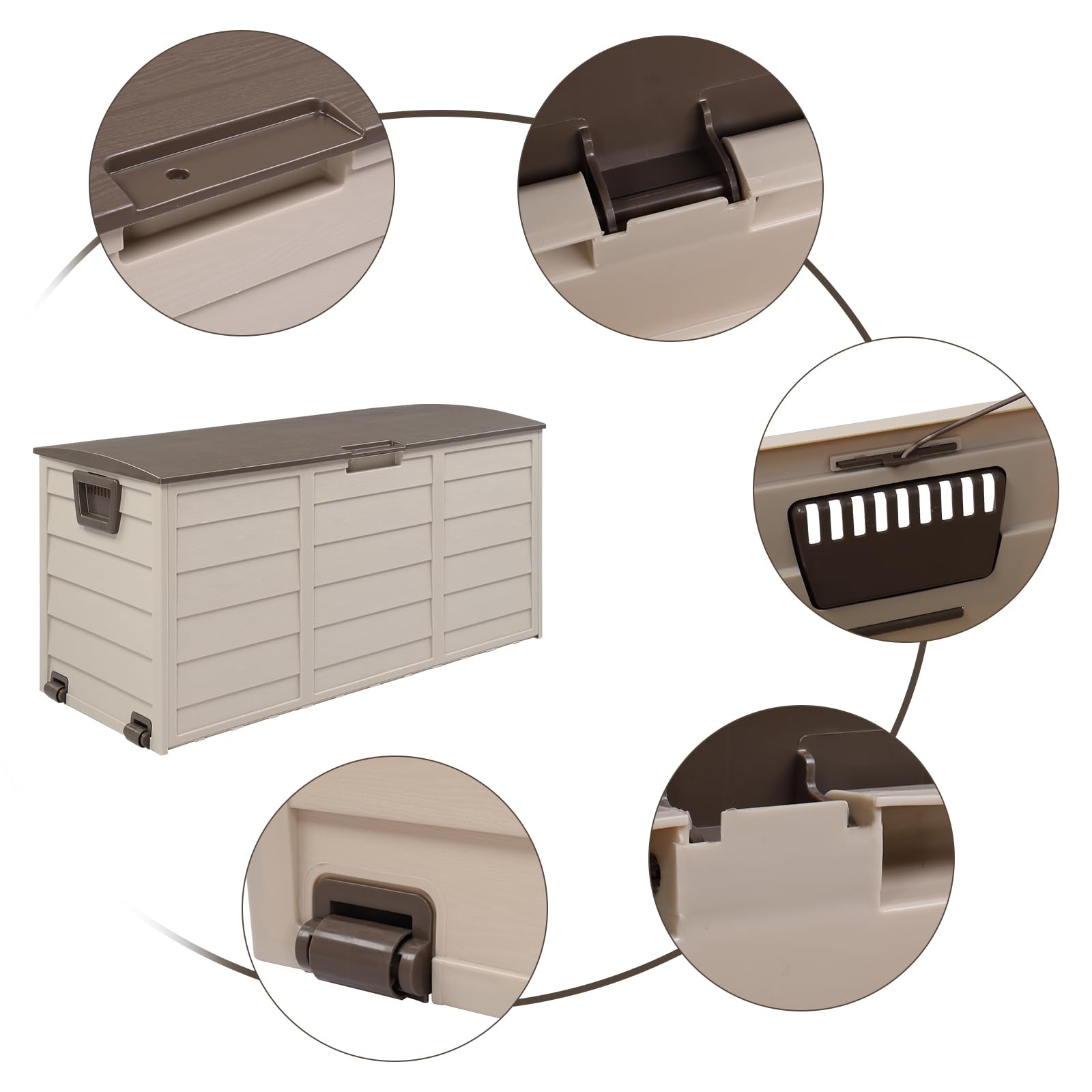 VINGLI Upgraded 75 Gallon Outdoor Storage Box with Lockable Lid - Waterproof Plastic Deck Box for Patio, Garden, Pool, Balcony & Yard - Perfect for Storing Cushions, Pool Toys & Outdoor Gear (Coffee Brown)