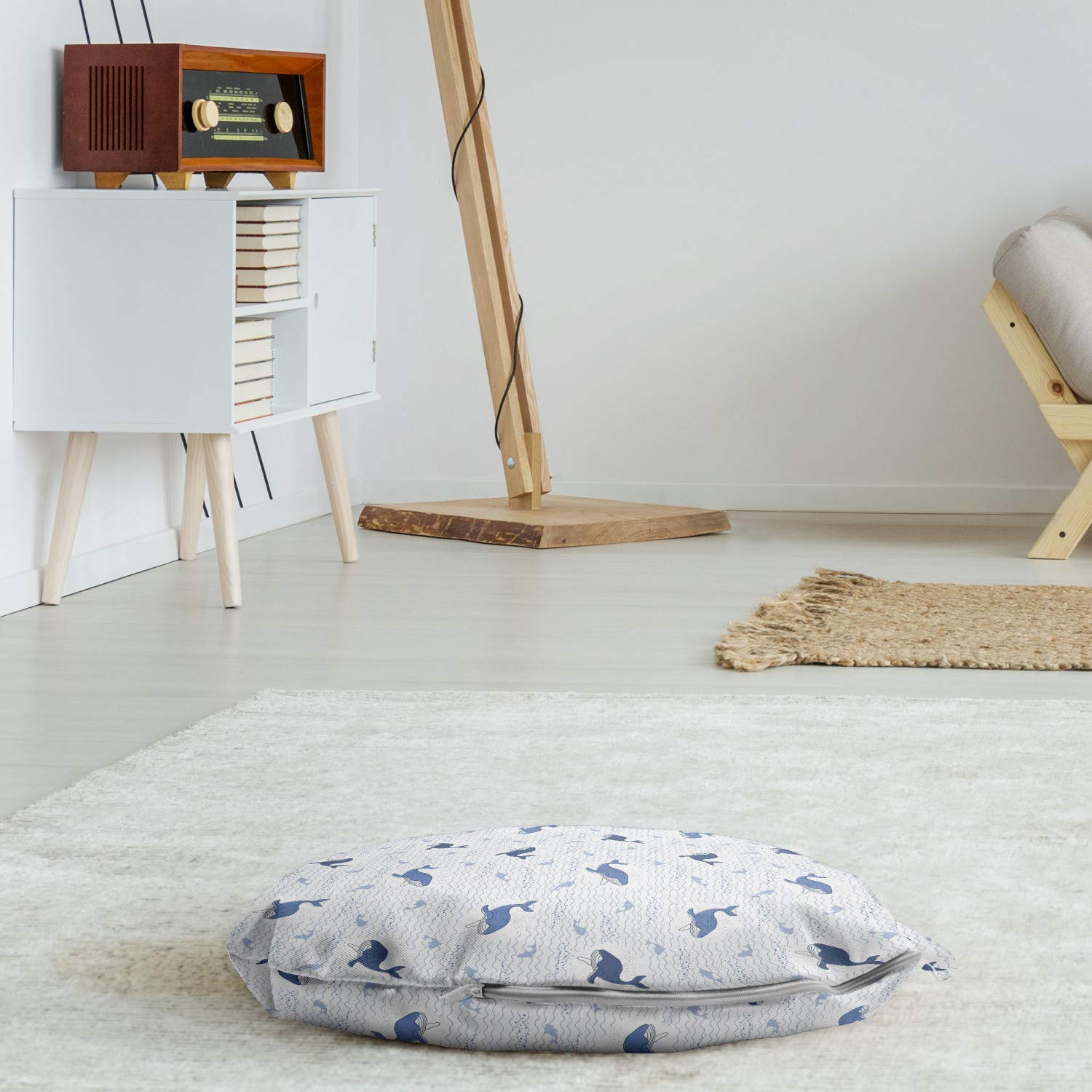 Ambesonne Whales Round Floor Cushion with Handle - Ocean Waves Underwater Fish & Marine Mammal Pattern on Plain Backdrop - Decorative Throw Pillow for Living Room, Dorms, Nursery - 18
