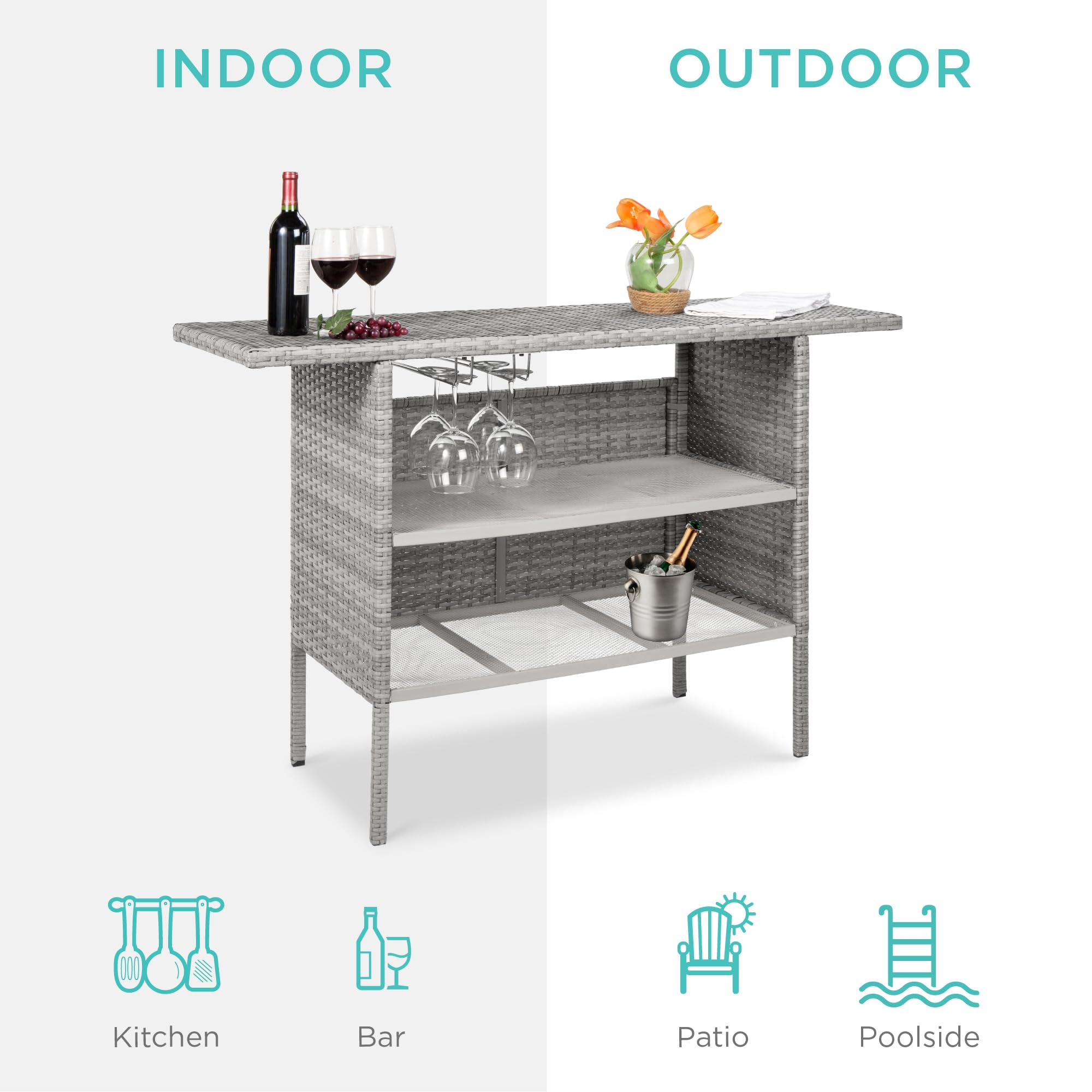 Best Outdoor Patio Bar Table with 2 Steel Shelves & Rails - Wicker Counter Height Backyard Furniture for Garden, Deck, or Poolside - Gray