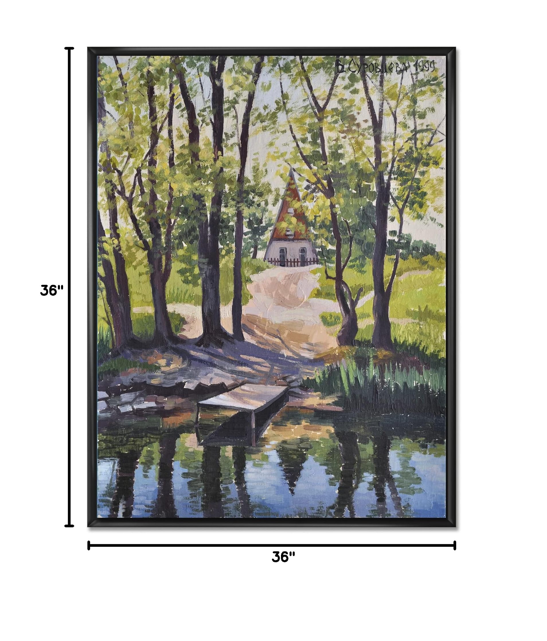 Mysterious Lake House By The River Framed Canvas Wall Art - Woods Landscape Painting for Living Room, Bedroom & Office Decor