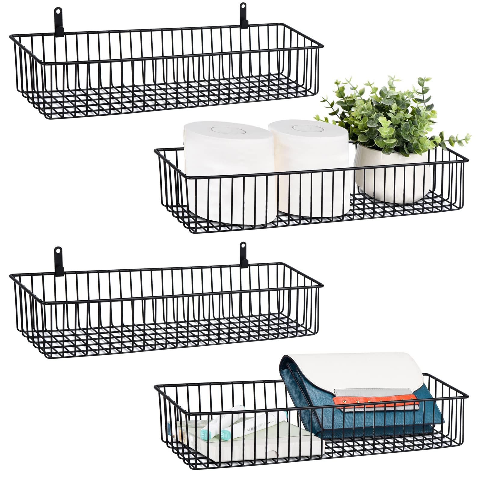 Wetheny Farmhouse Décor Metal Wire Storage Baskets (4-Pack) - Organizer Bin for Toilet Paper, Kitchen, Bathroom & More - Perfect for Bedroom, Pantry, Laundry & Garage Organization (Black)